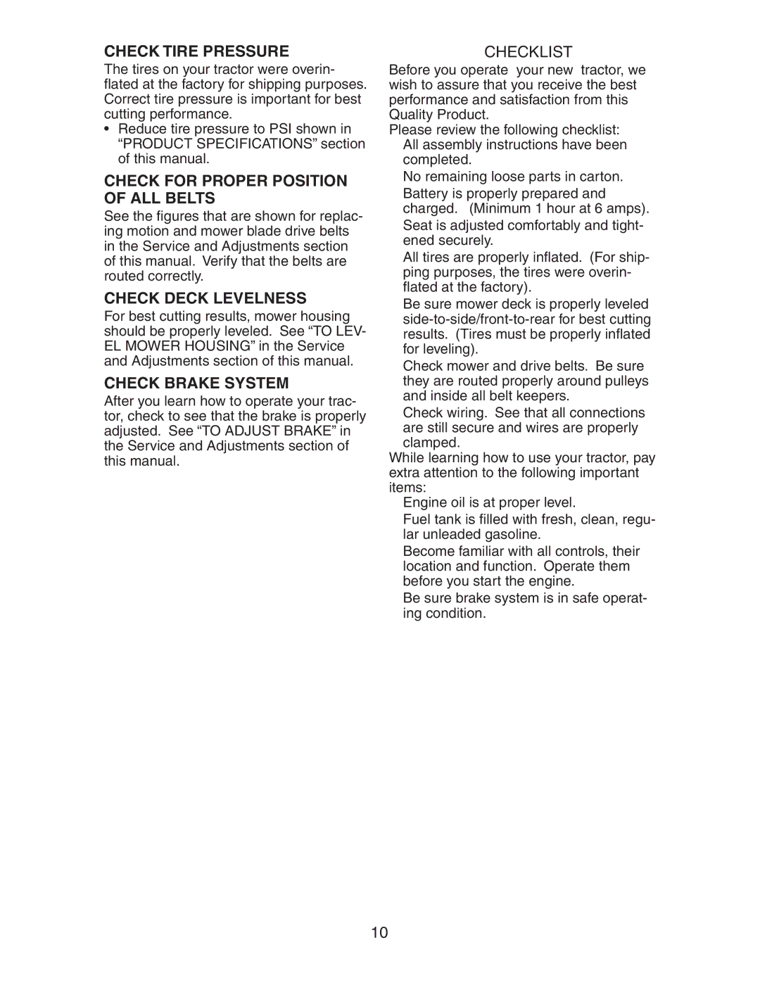 Electrolux AG17542STA manual Check Tire Pressure, Check for Proper Position of ALL Belts, Check Deck Levelness 