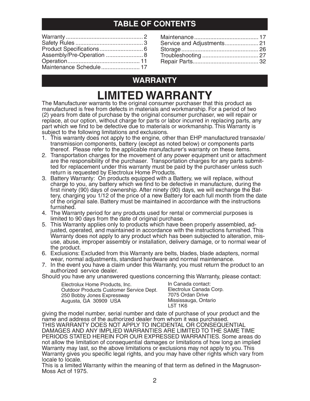 Electrolux AG17542STA manual Table of Contents, Warranty 