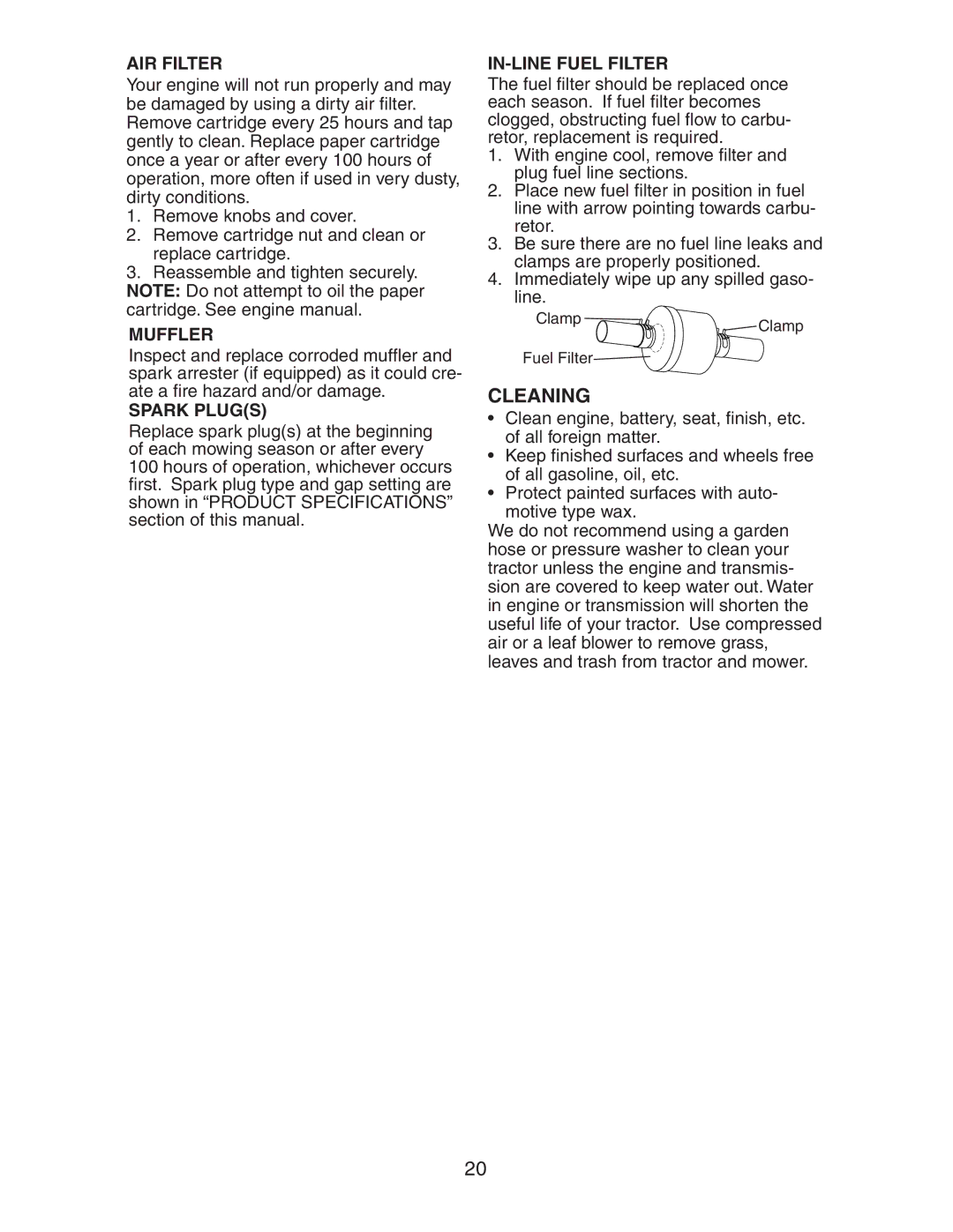 Electrolux AG17542STA manual Cleaning, AIR Filter, Muffler, Spark Plugs, IN-LINE Fuel Filter 