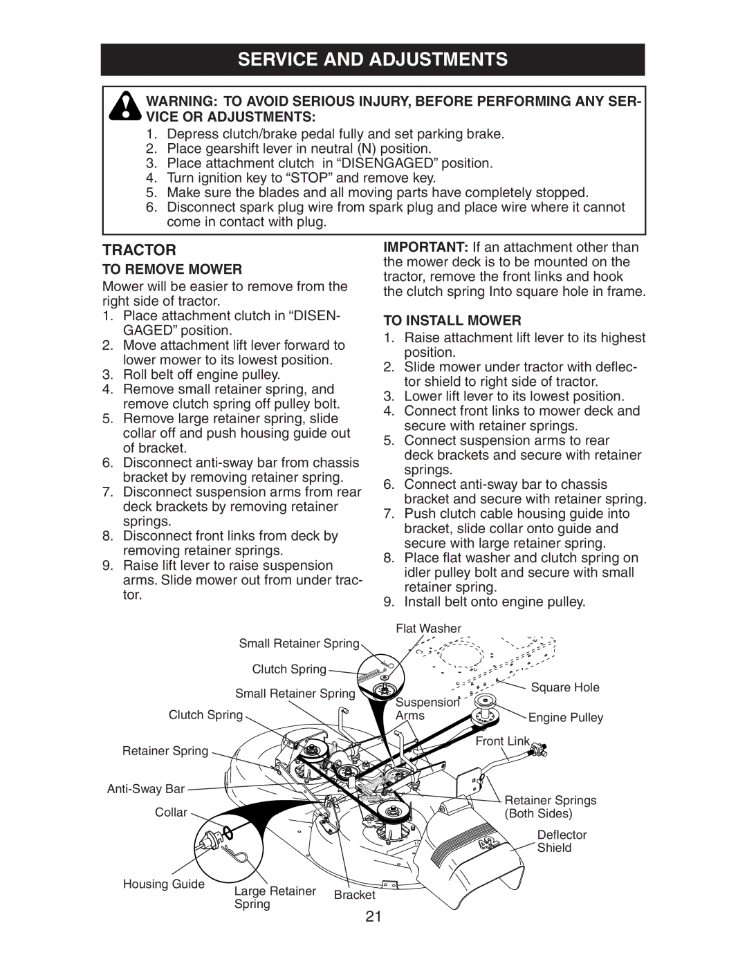 Electrolux AG17542STA manual Service and Adjustments, To Remove Mower, To Install Mower 