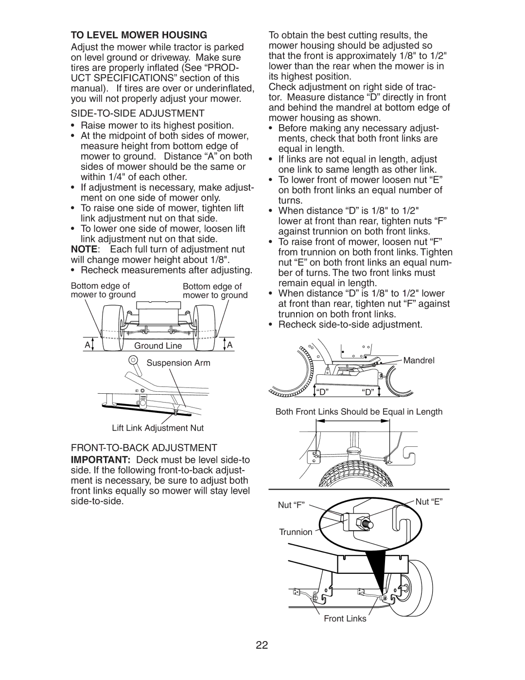 Electrolux AG17542STA manual To Level Mower Housing, SIDE-TO-SIDE Adjustment 