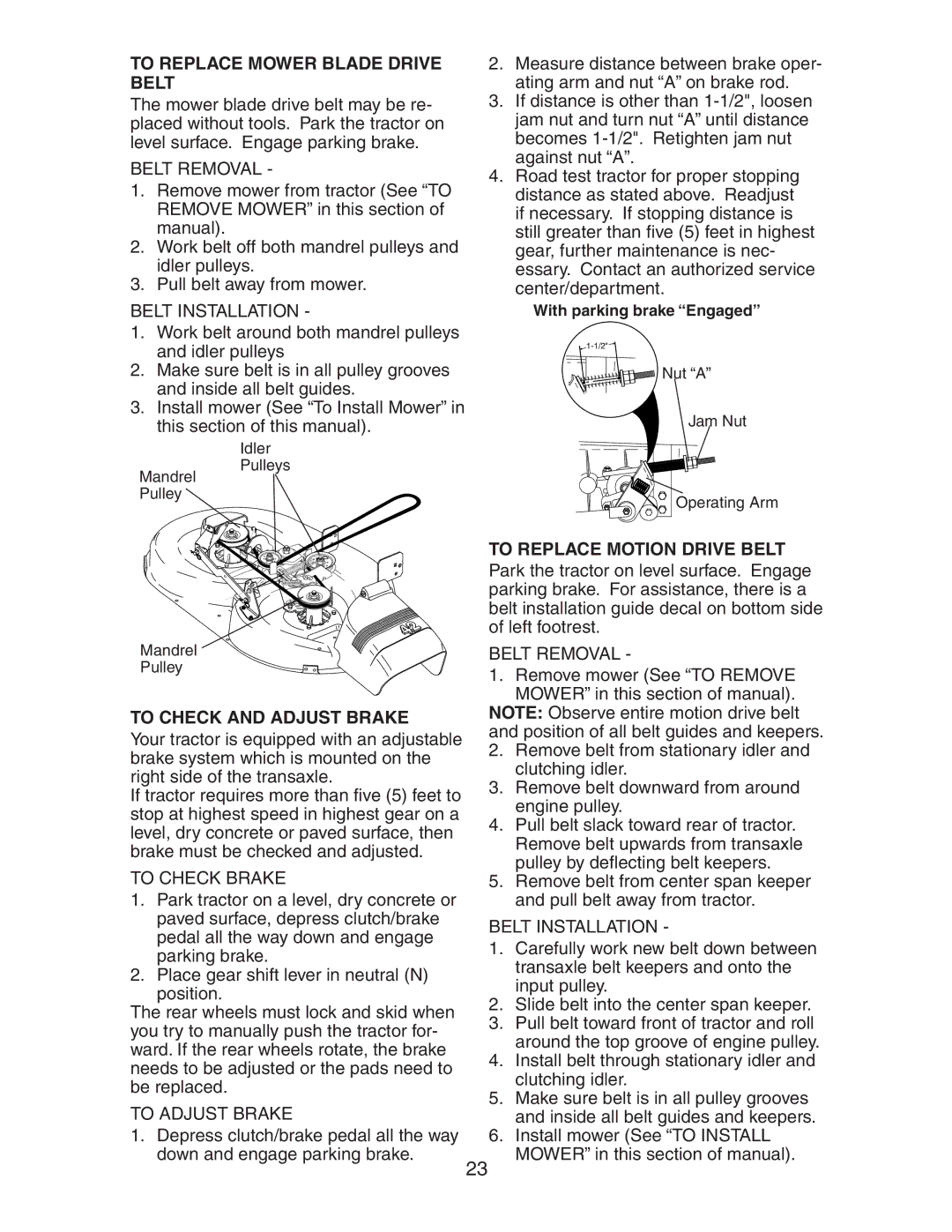 Electrolux AG17542STA manual To Replace Mower Blade Drive Belt, To Check and Adjust Brake, To Replace Motion Drive Belt 