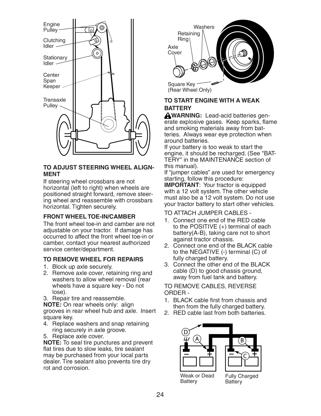 Electrolux AG17542STA manual To Adjust Steering Wheel ALIGN- Ment, Front Wheel TOE-IN/CAMBER, To Remove Wheel for Repairs 