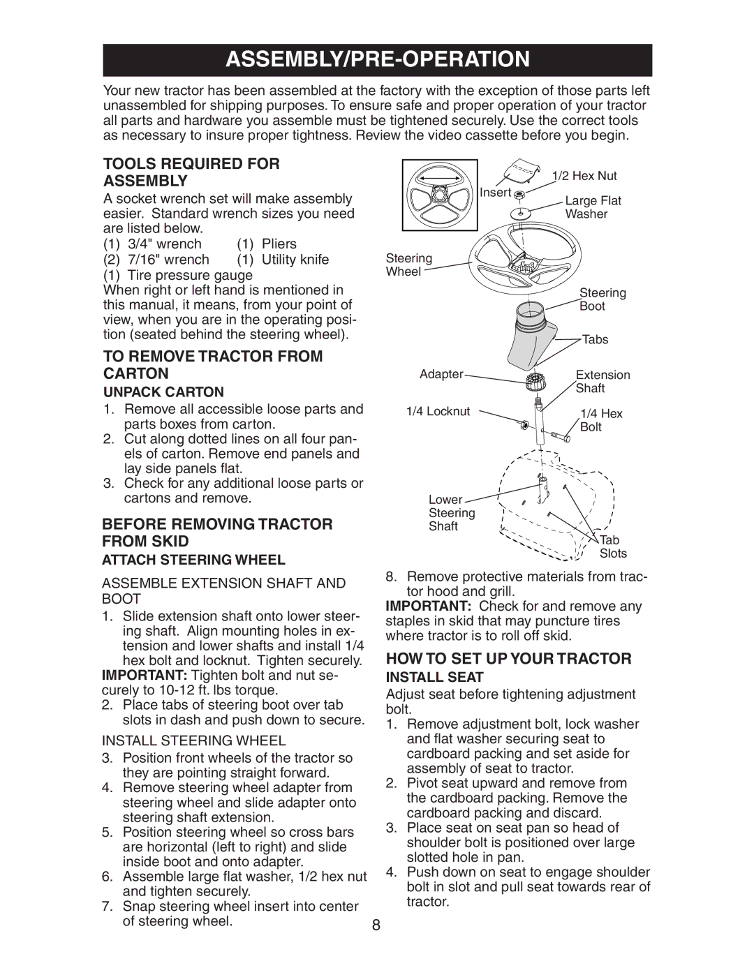 Electrolux AG17542STA manual Tools Required for Assembly, To Remove Tractor from Carton, Before Removing Tractor from Skid 