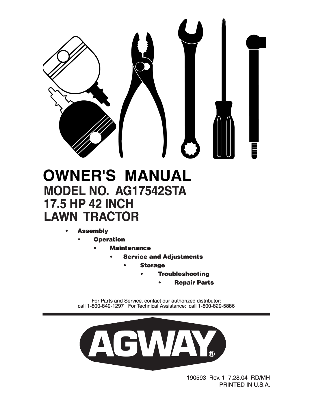 Electrolux manual MODEL NO. AG17542STA, 17.5 HP 42 INCH LAWN TRACTOR, Troubleshooting Repair Parts 