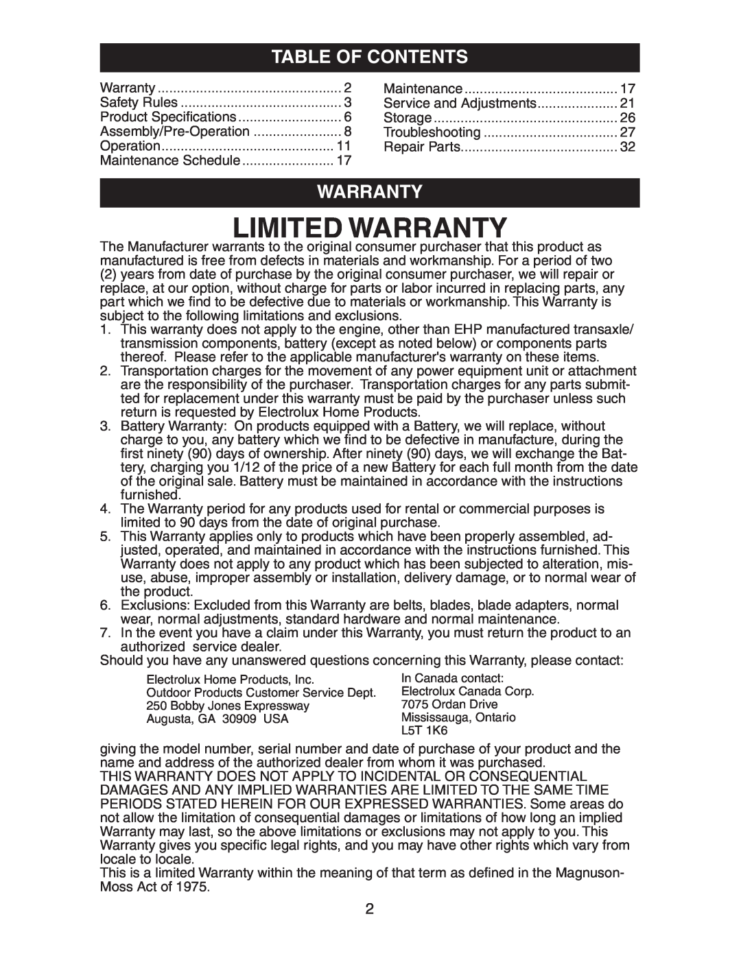 Electrolux AG17542STA manual Table Of Contents, Limited Warranty 