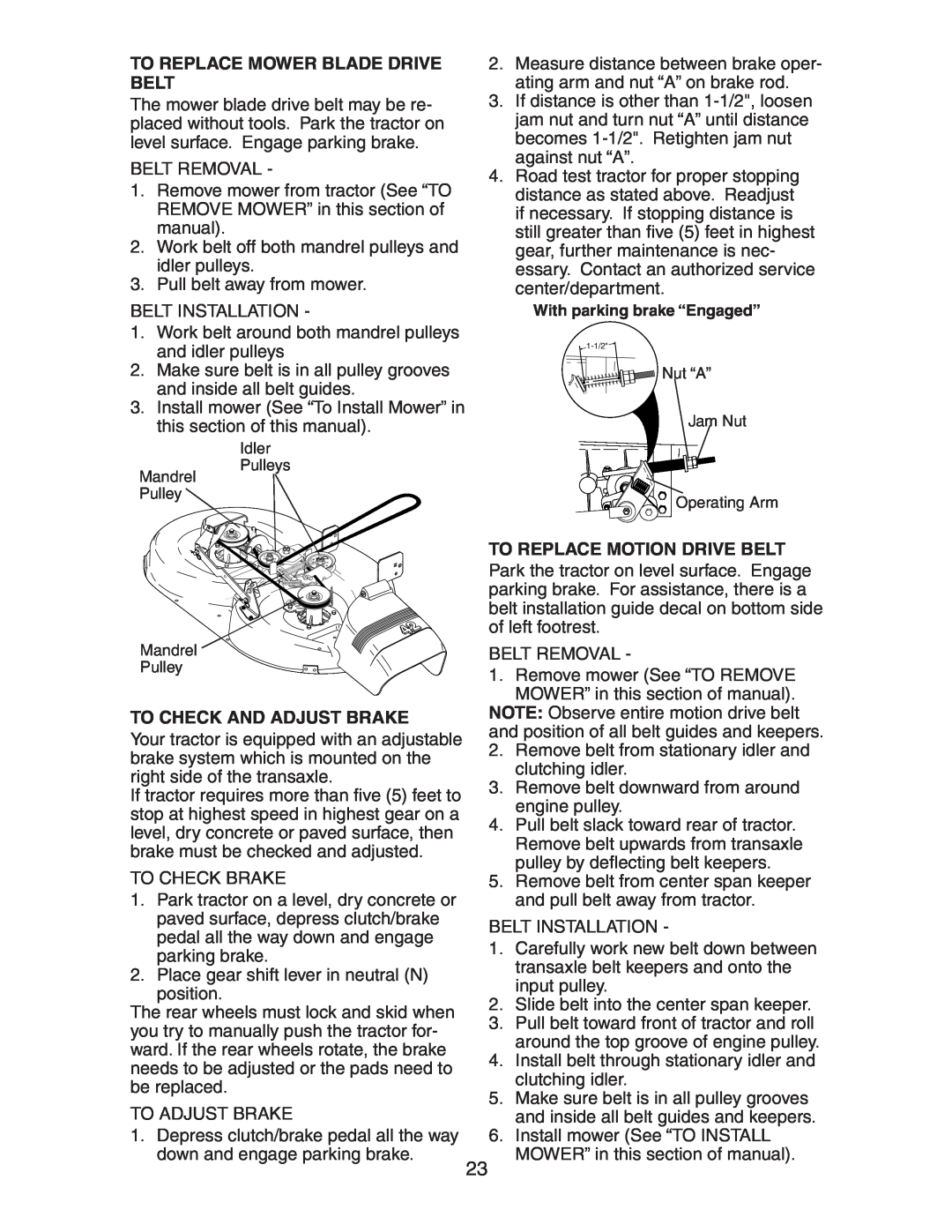 Electrolux AG17542STA manual To Replace Mower Blade Drive Belt, To Check And Adjust Brake, To Replace Motion Drive Belt 