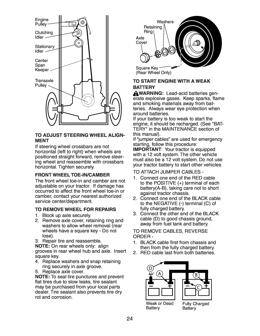Electrolux AG17542STA manual To Adjust Steering Wheel Align- Ment, Front Wheel Toe-In/Camber, To Remove Wheel For Repairs 