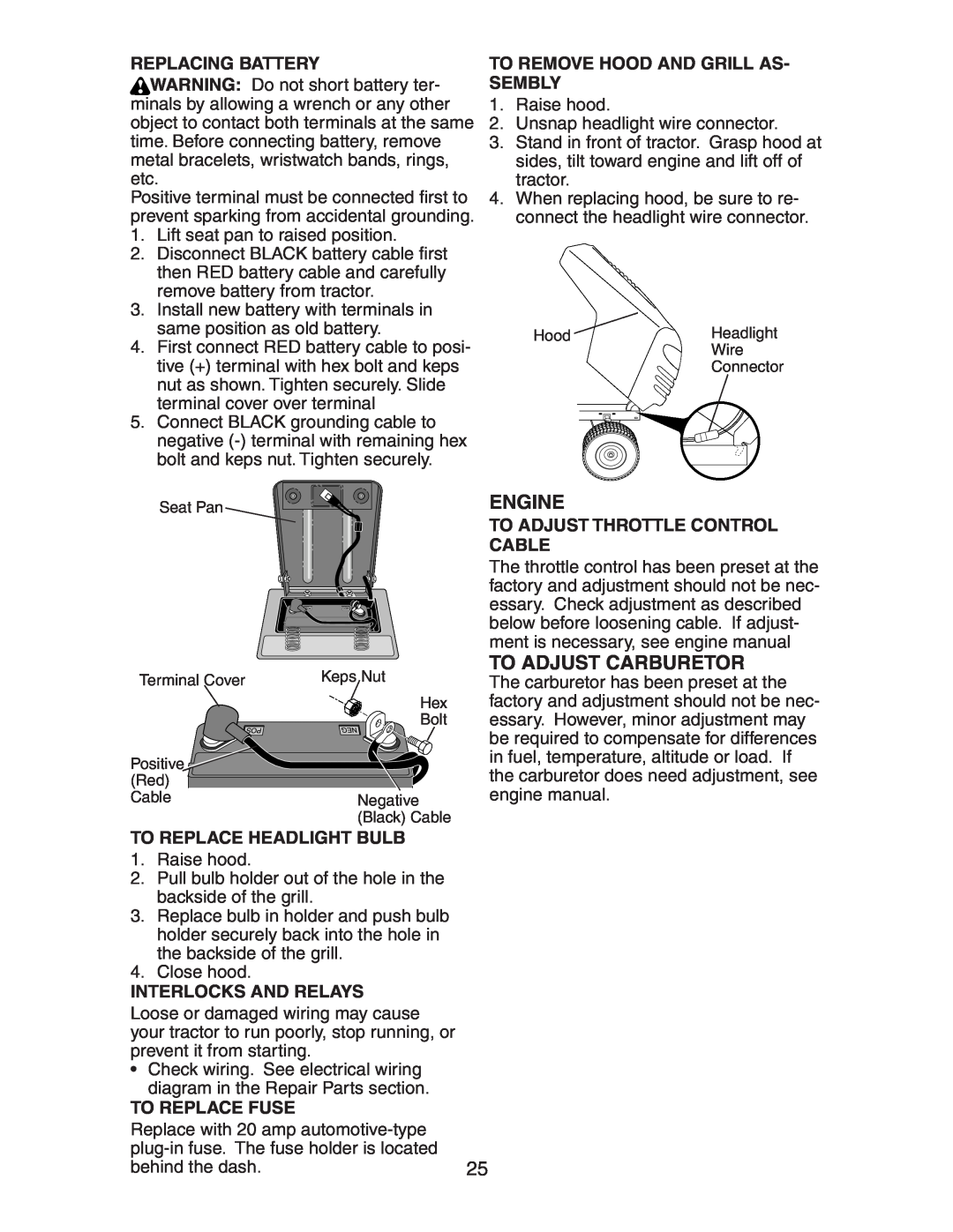 Electrolux AG17542STA manual Replacing Battery, To Remove Hood And Grill As- Sembly, To Adjust Throttle Control Cable 