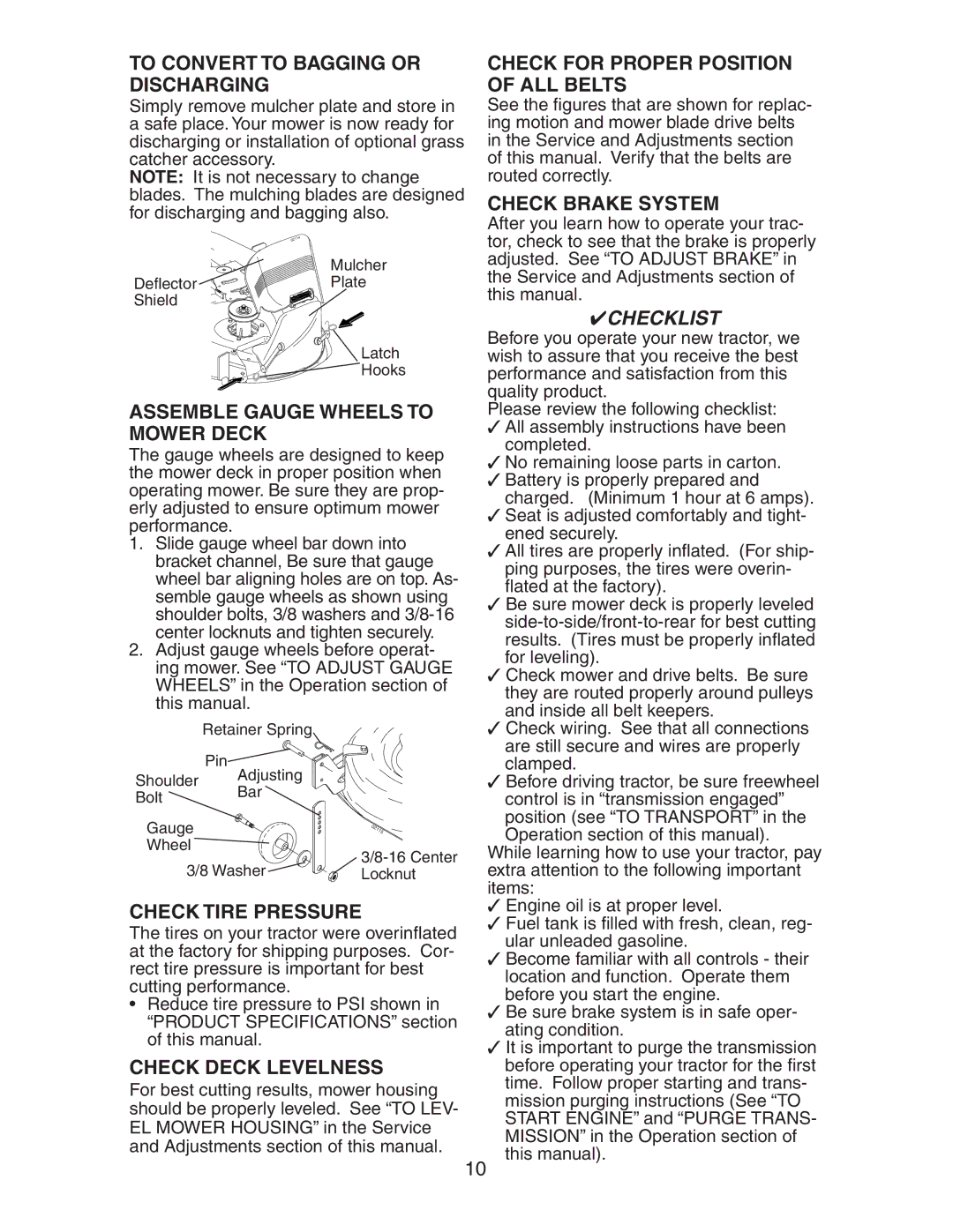 Electrolux AG22H42STA manual To Convert to Bagging or Discharging, Assemble Gauge Wheels to Mower Deck, Check Tire Pressure 