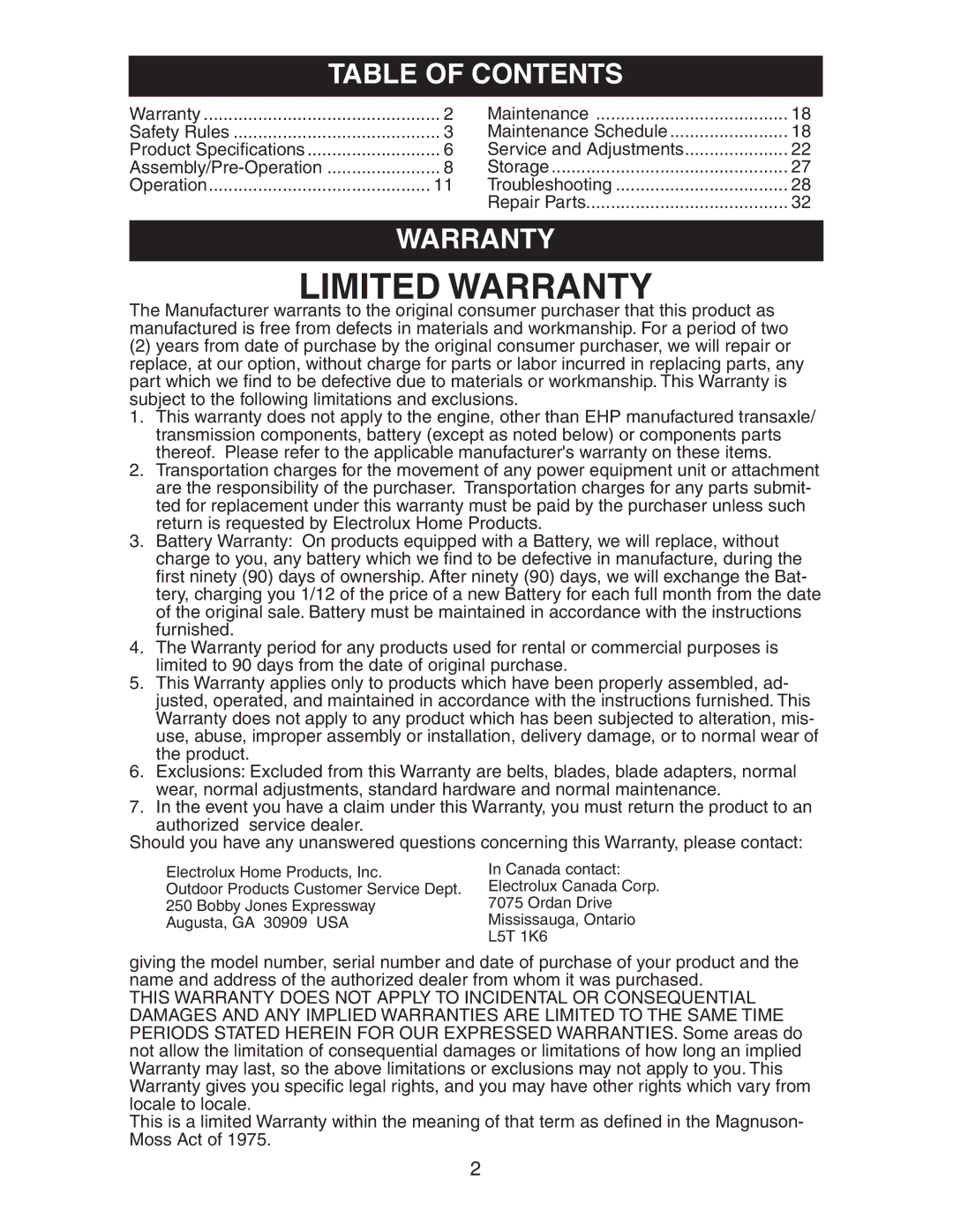 Electrolux AG22H42STA manual Table of Contents, Warranty 