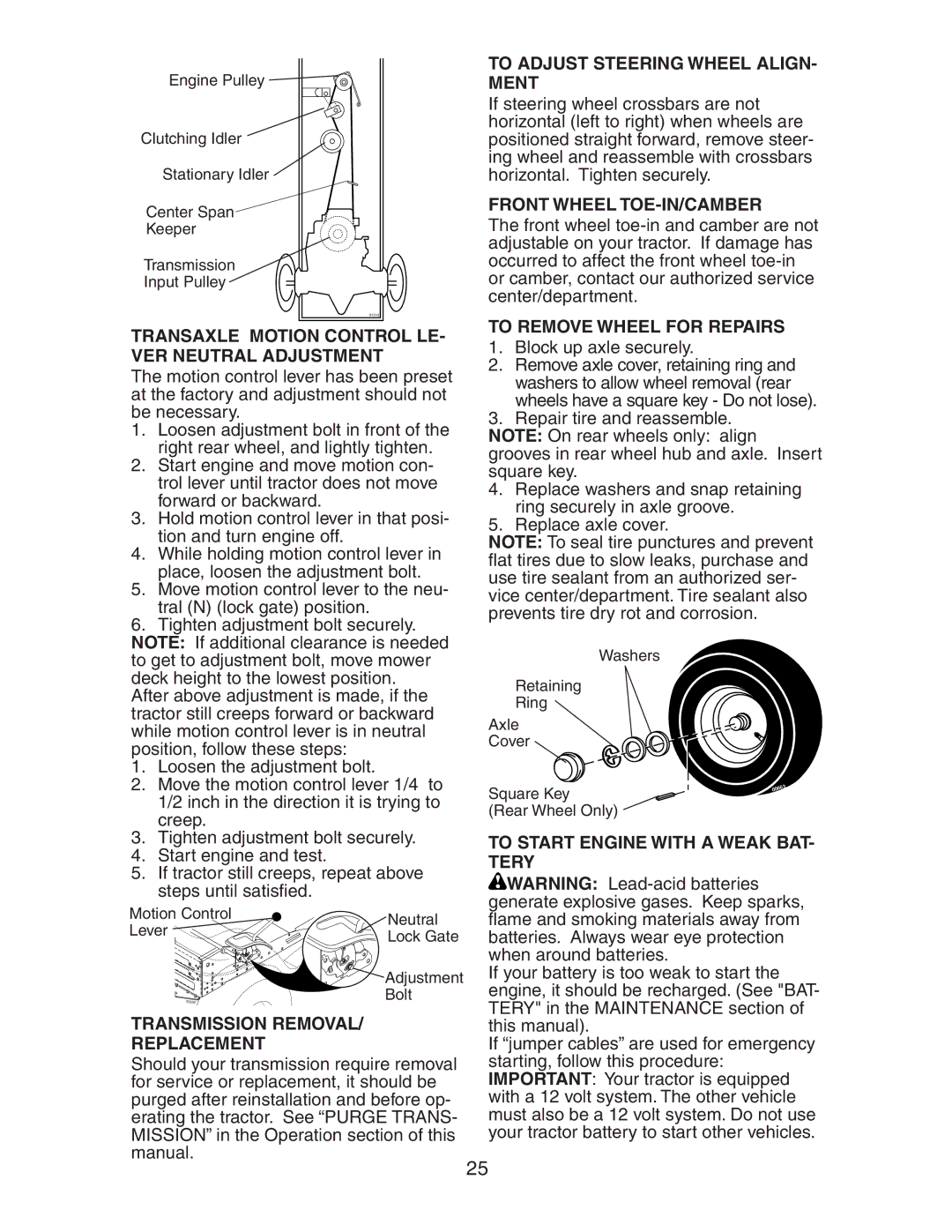 Electrolux AG22H42STA manual Transaxle Motion Control LE- VER Neutral Adjustment, To Adjust Steering Wheel ALIGN- Ment 