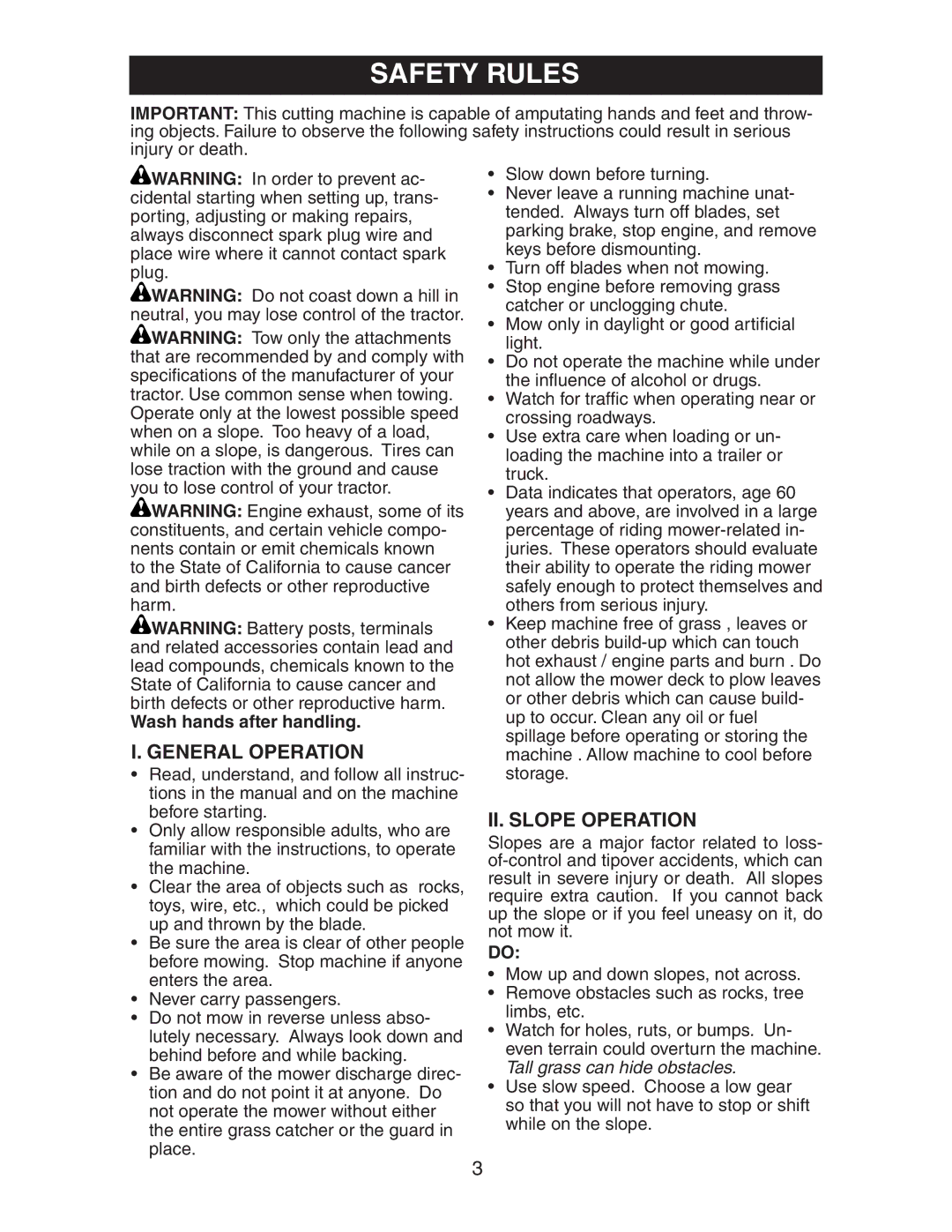 Electrolux AG22H42STA manual Safety Rules, General Operation, II. Slope Operation 