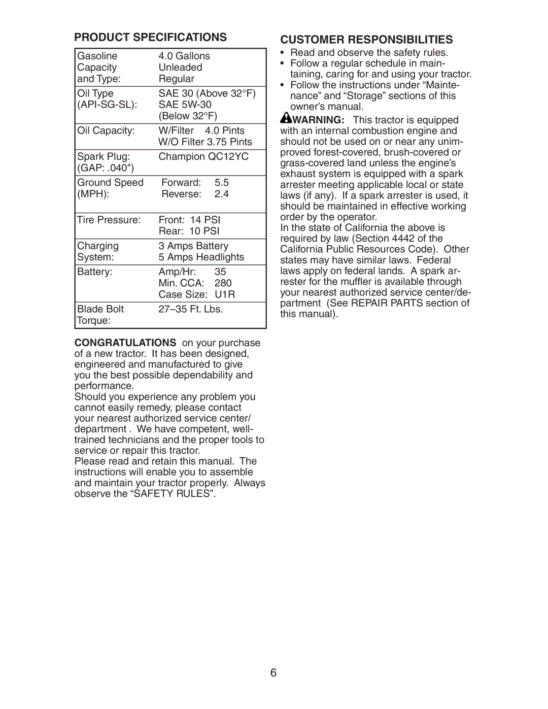 Electrolux AG22H42STA manual Product Specifications, Customer Responsibilities, Api-Sg-Sl 