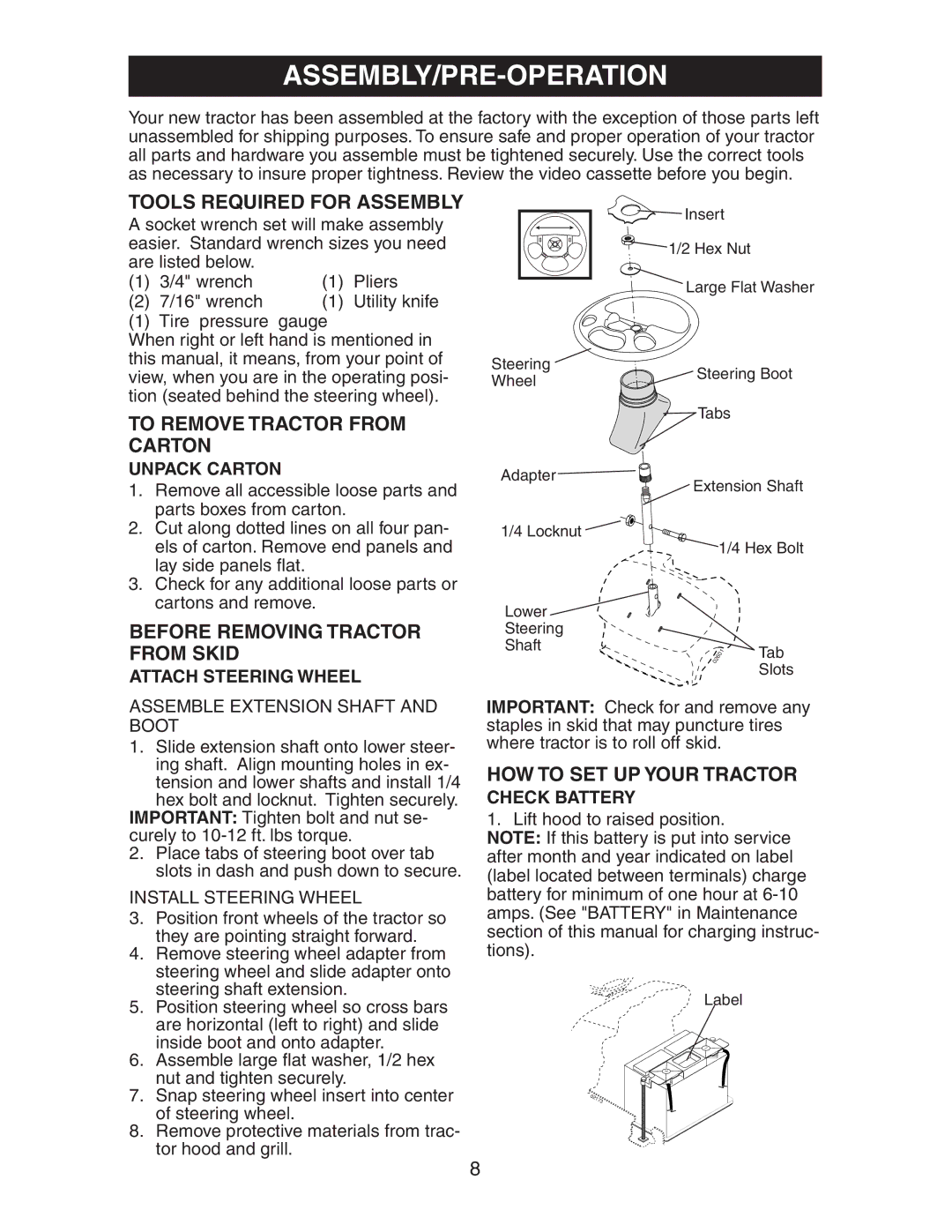 Electrolux AG22H42STA manual Assembly/Pre-Operation, Tools Required for Assembly, To Remove Tractor from Carton 