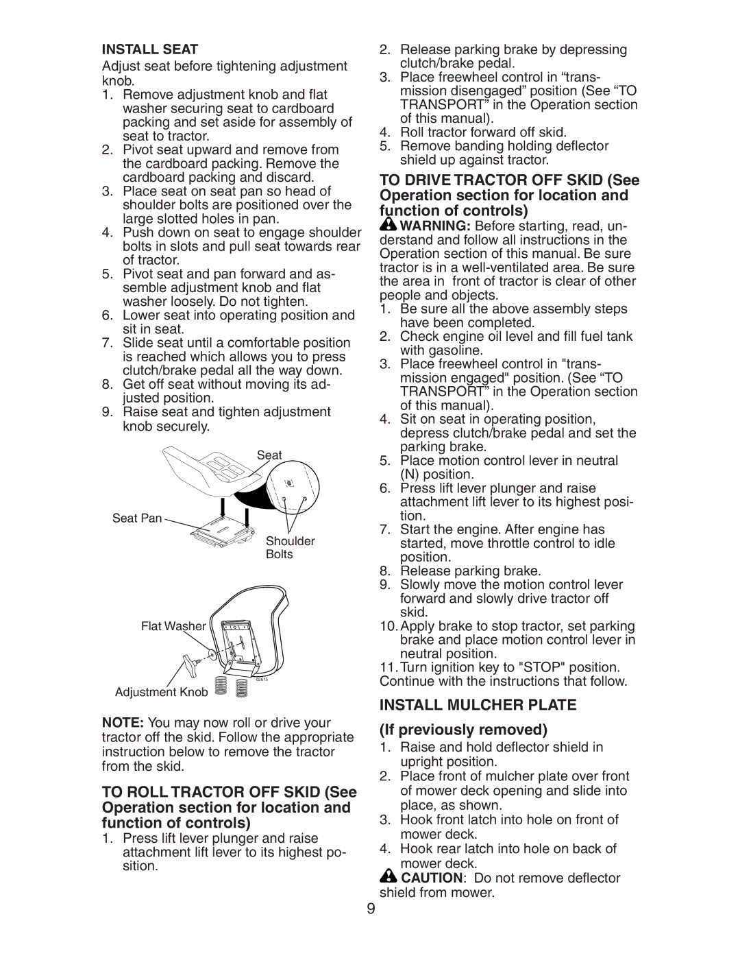 Electrolux AG22H42STA manual Install Mulcher Plate, Install Seat 