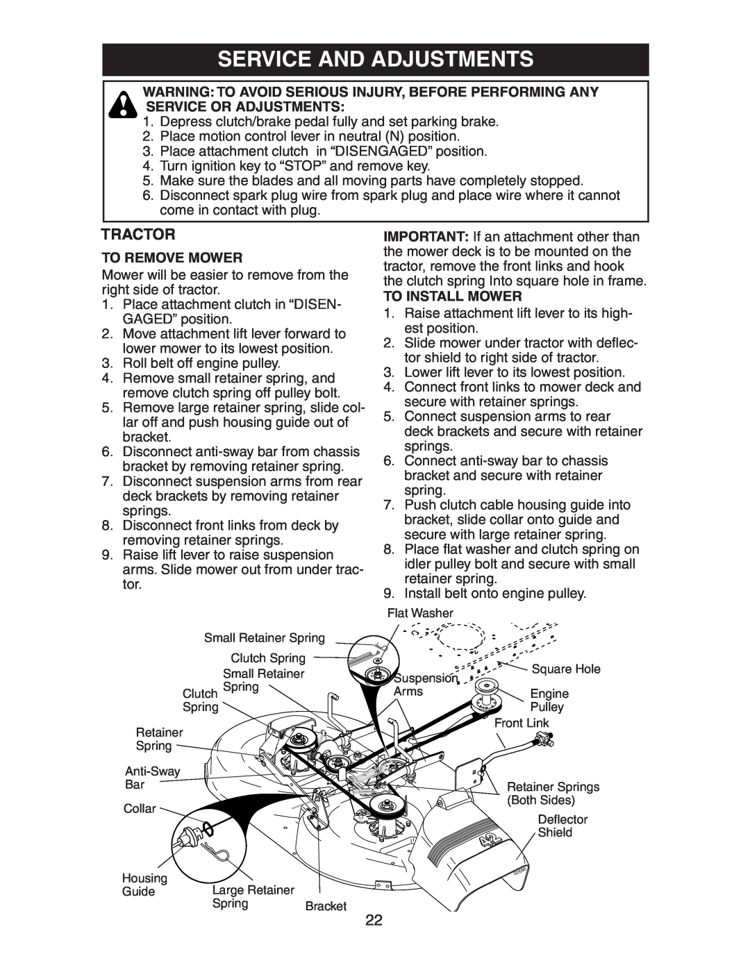 Electrolux AG22H42STA manual Service And Adjustments, To Remove Mower, To Install Mower, Tractor 