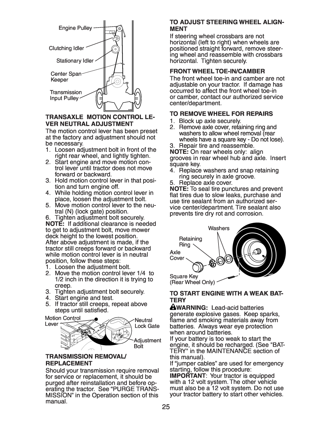 Electrolux AG22H42STA manual Transaxle Motion Control Le- Ver Neutral Adjustment, To Adjust Steering Wheel Align- Ment 