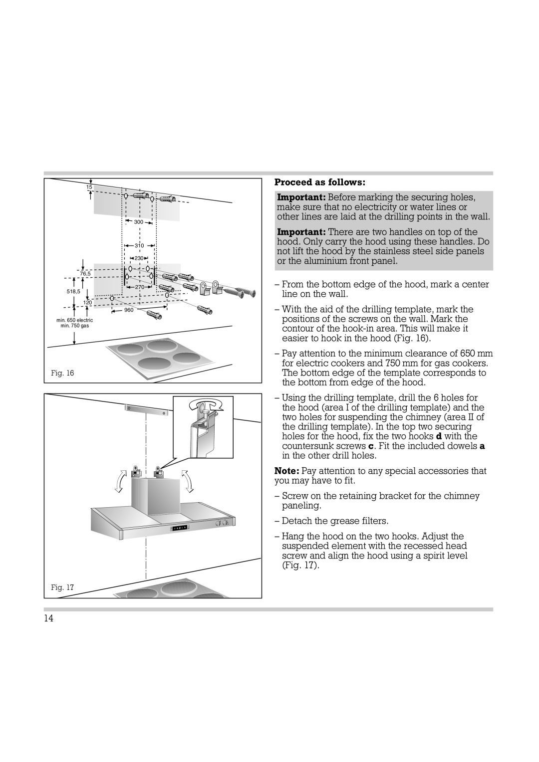 Electrolux AH 360-120 manual Important Before marking the securing holes 