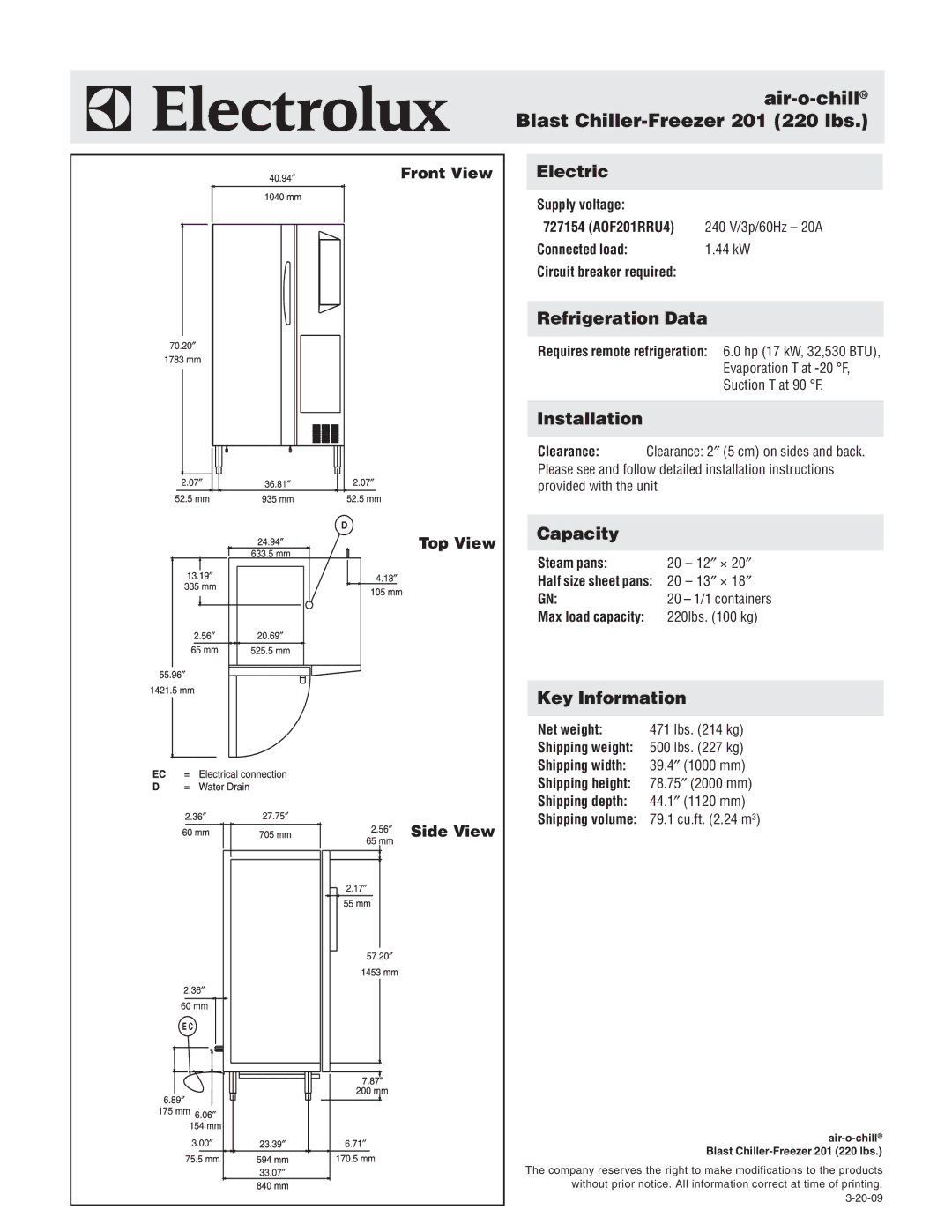 Electrolux AOF201RRU4 warranty Electric, Refrigeration Data, Installation, Capacity, Key Information 