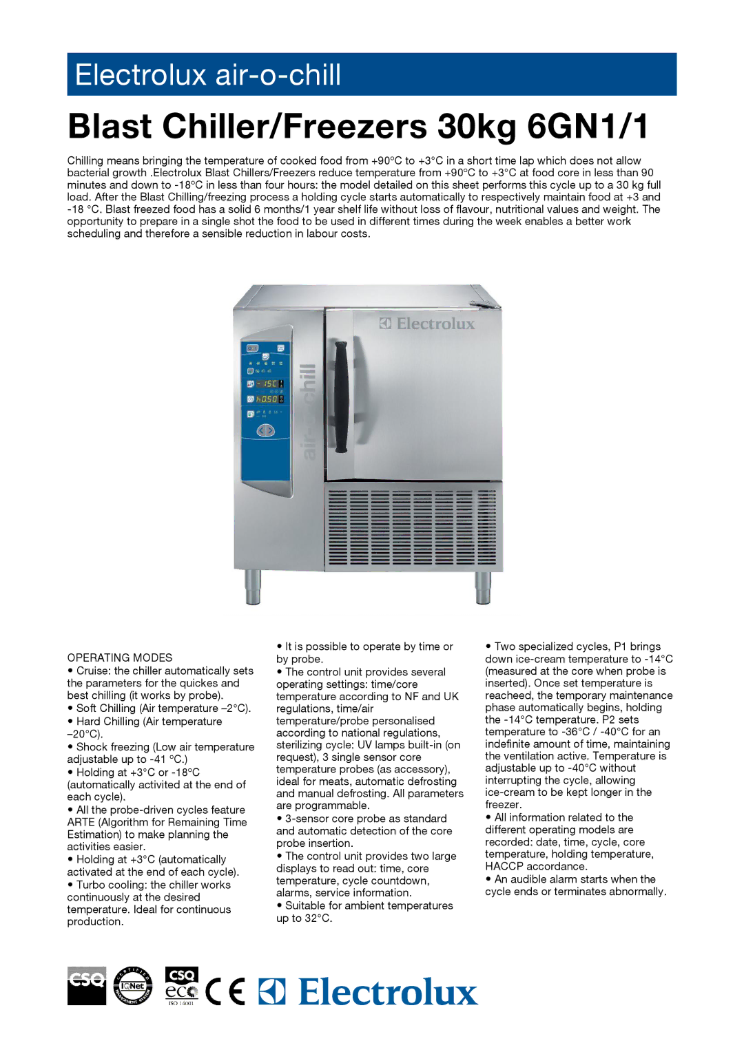 Electrolux AOFP061C2, AOFP061CT manual Blast Chiller/Freezers 30kg 6GN1/1, Operating Modes 