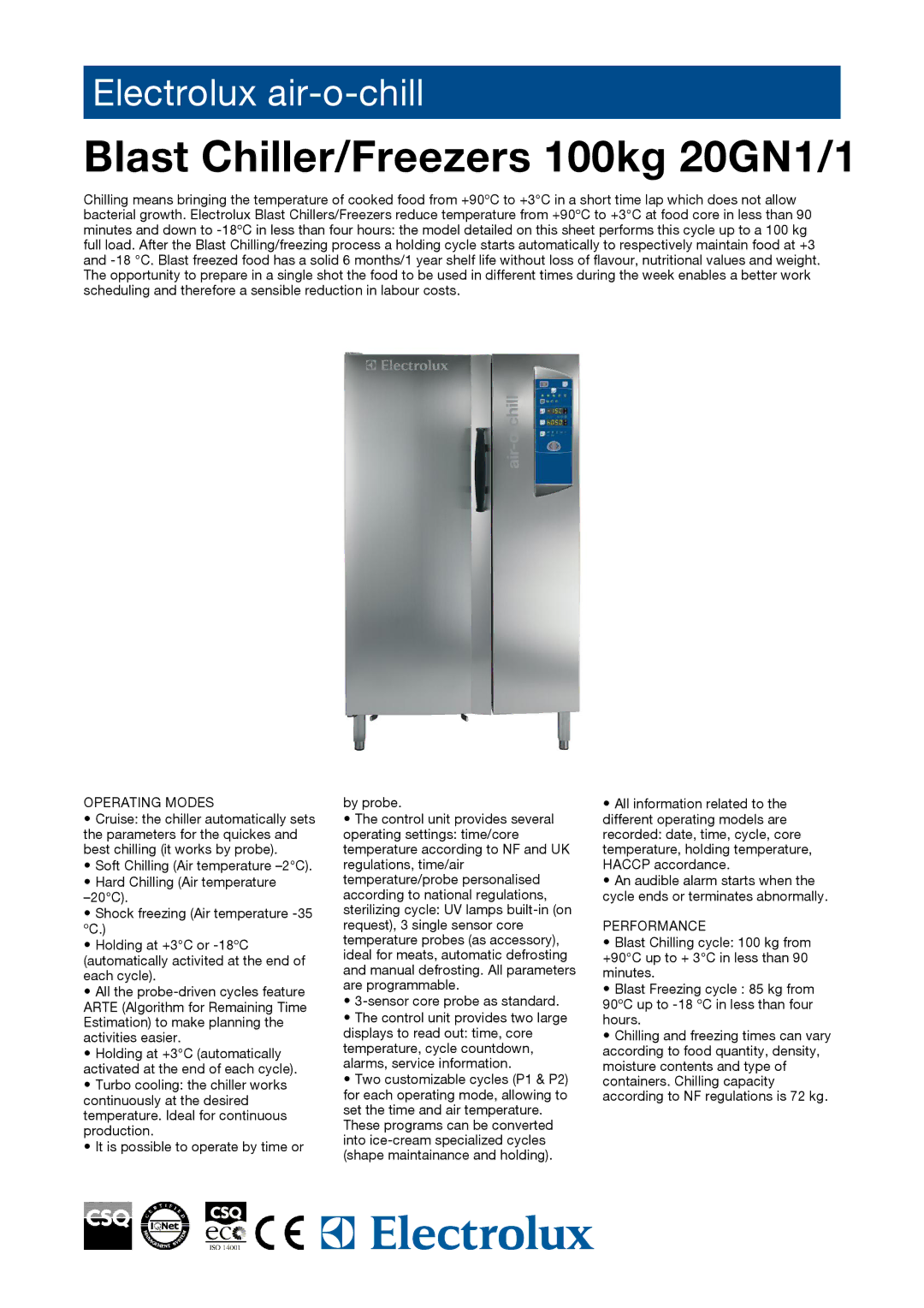 Electrolux AOFP201CRR manual Blast Chiller/Freezers 100kg 20GN1/1, Operating Modes, Performance 