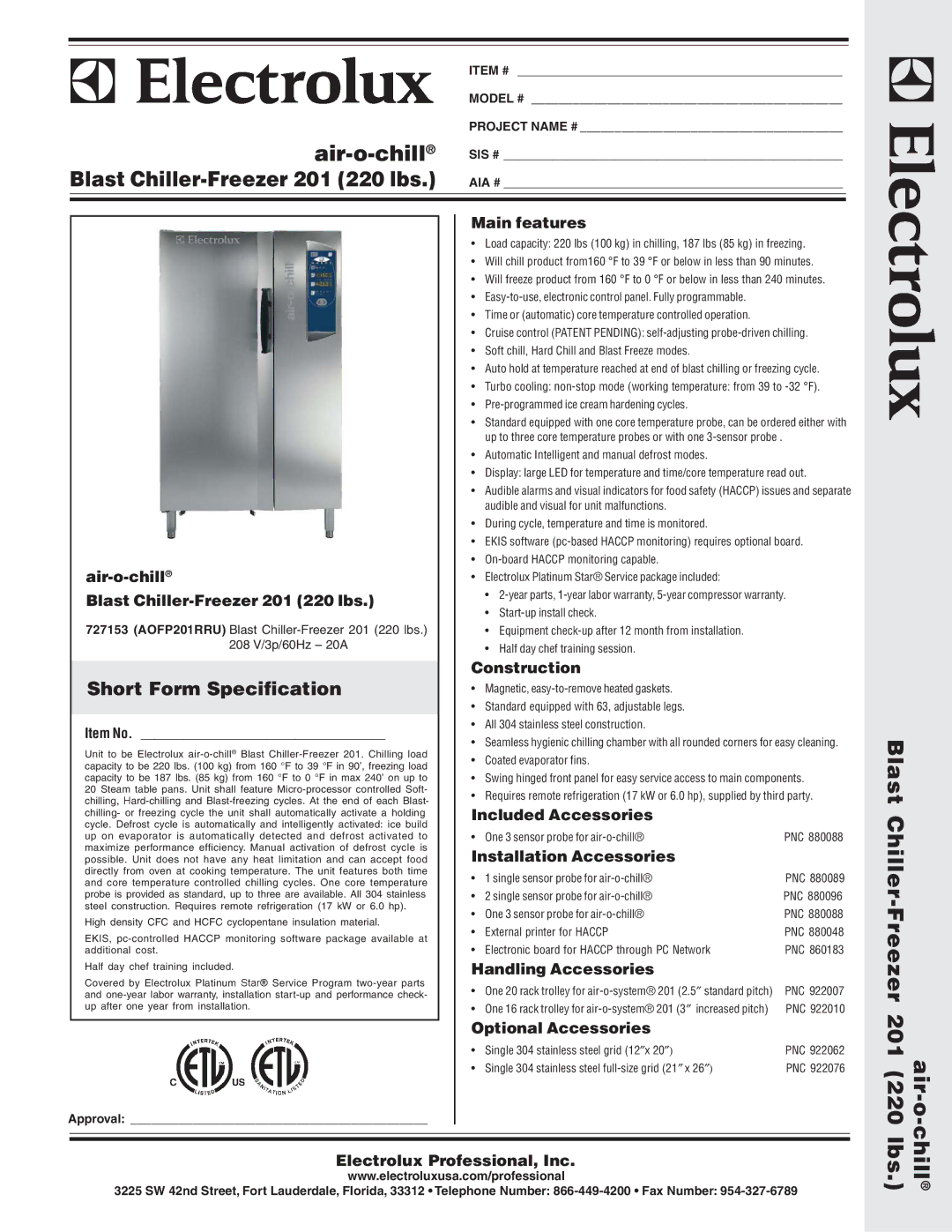 Electrolux AOFP201RRU warranty Air-o-chill, Air-o Blast Chiller-Freezer 201, Chilllbs 