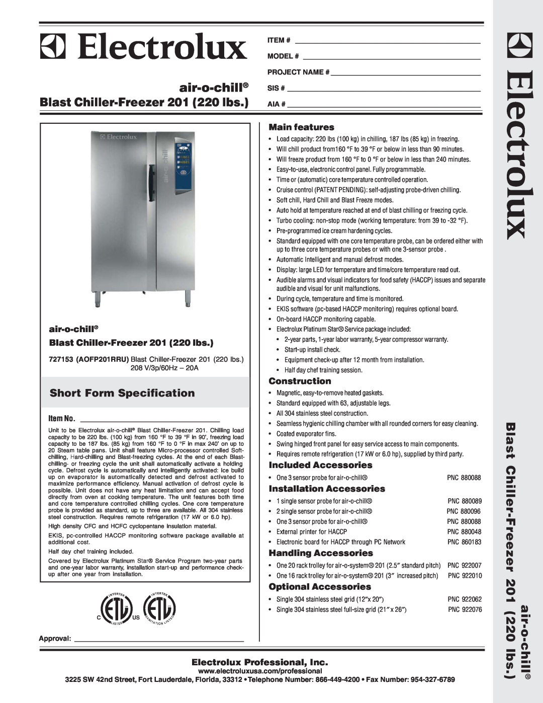 Electrolux AOFP201RRU warranty Short Form Specification, air-o-chill Blast Chiller-Freezer 201 220 lbs, Main features 