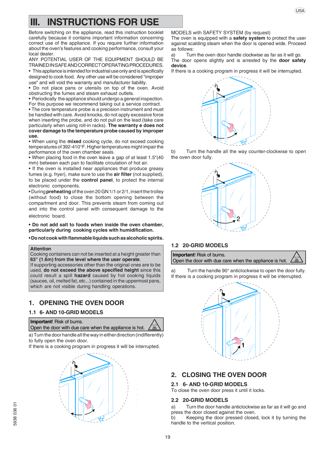 Electrolux AOS061E manual Opening the Oven Door, Closing the Oven Door, and 10-GRID Models 