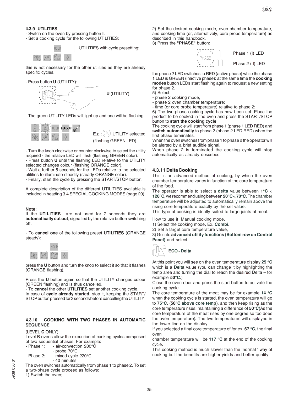 Electrolux AOS061E manual Delta Cooking, Utilities, Utility, Cooking with TWO Phases in Automatic Sequence, Level C only 