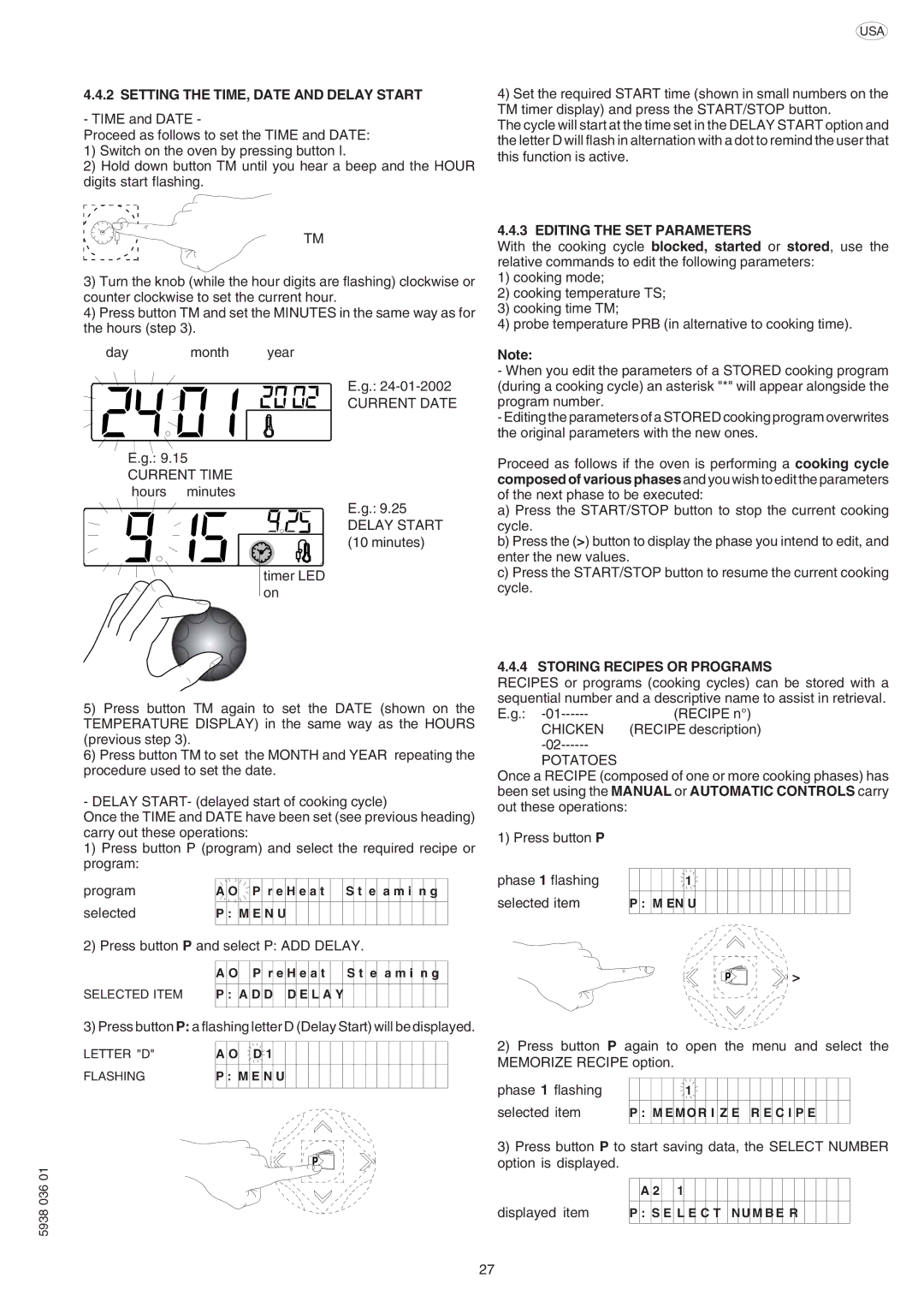 Electrolux AOS061E Setting the TIME, Date and Delay Start, Program Selected, Editing the SET Parameters, Displayed item 