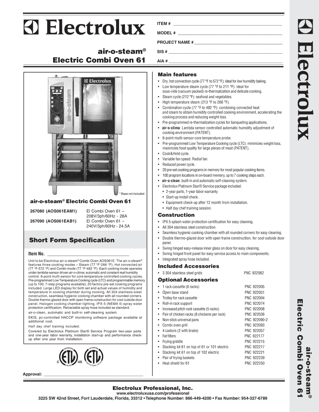 Electrolux AOS061EAB1 warranty Air-o-steam, Electric Combi Oven, Air-o- Electric Combi, Short Form Specification 