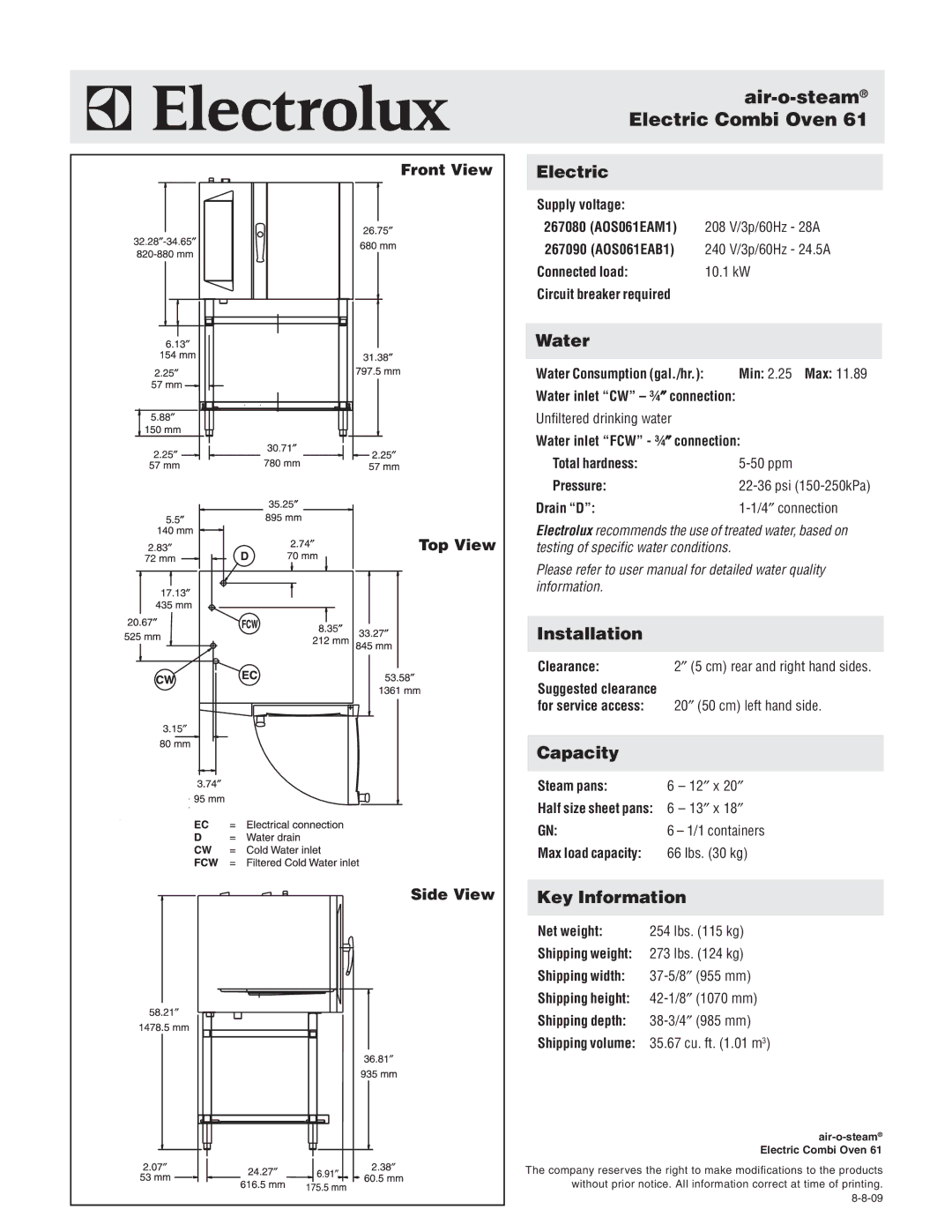 Electrolux AOS061EAM1, AOS061EAB1 warranty Air-o-steamElectric Combi Oven 