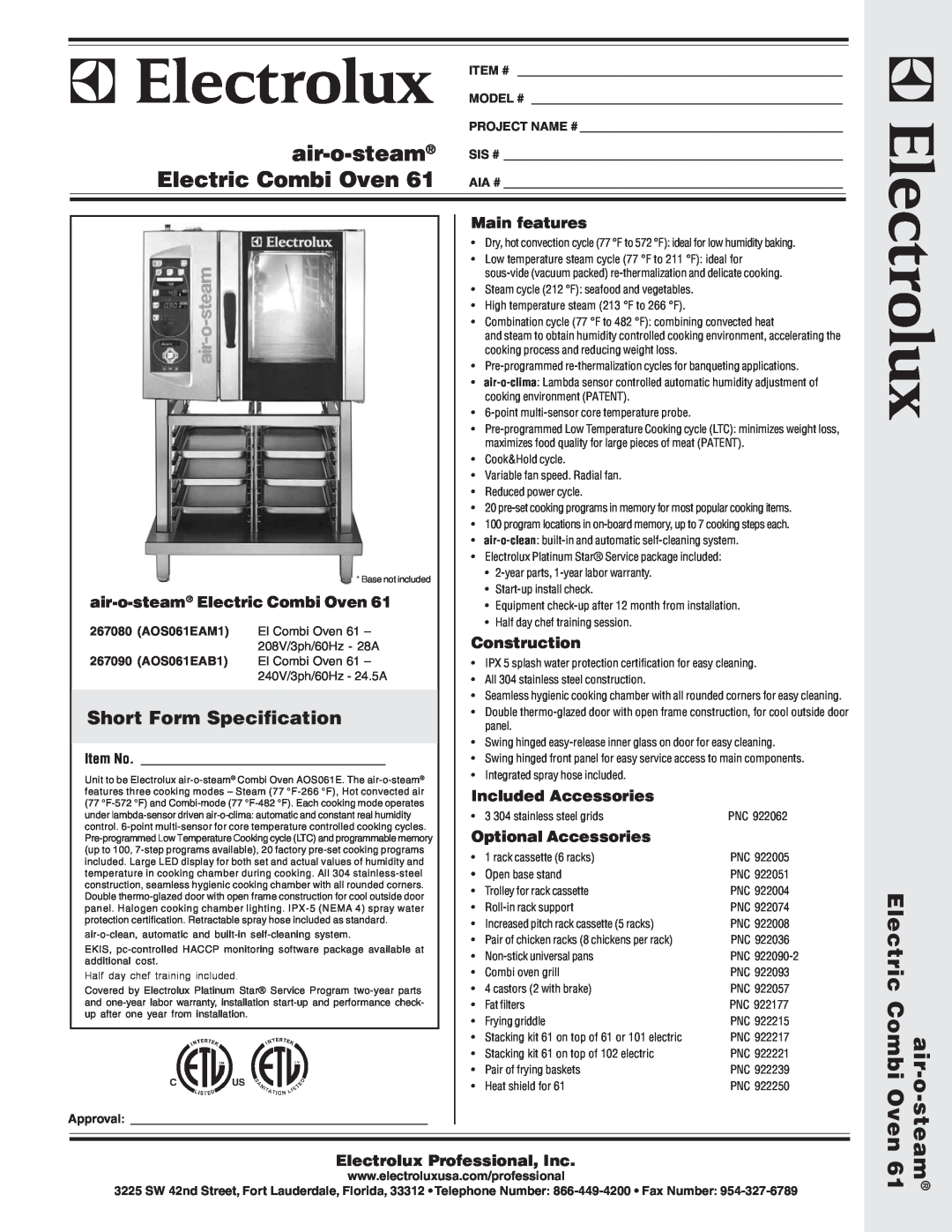 Electrolux AOS061EAB1 warranty Short Form Specification, air-o-steam Electric Combi Oven, Main features, Construction 