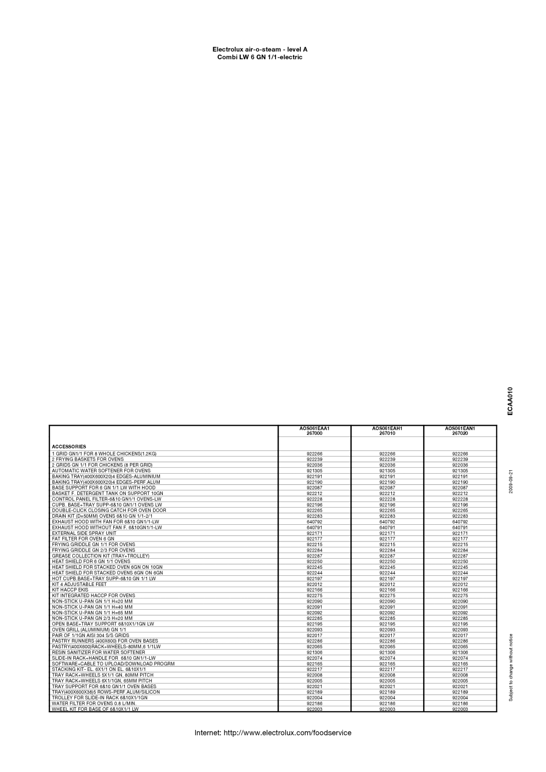 Electrolux 267020, AOS061EAN1, AOS061EAH1, AOS061EAA1, 267010, 267000 manual Accessories 