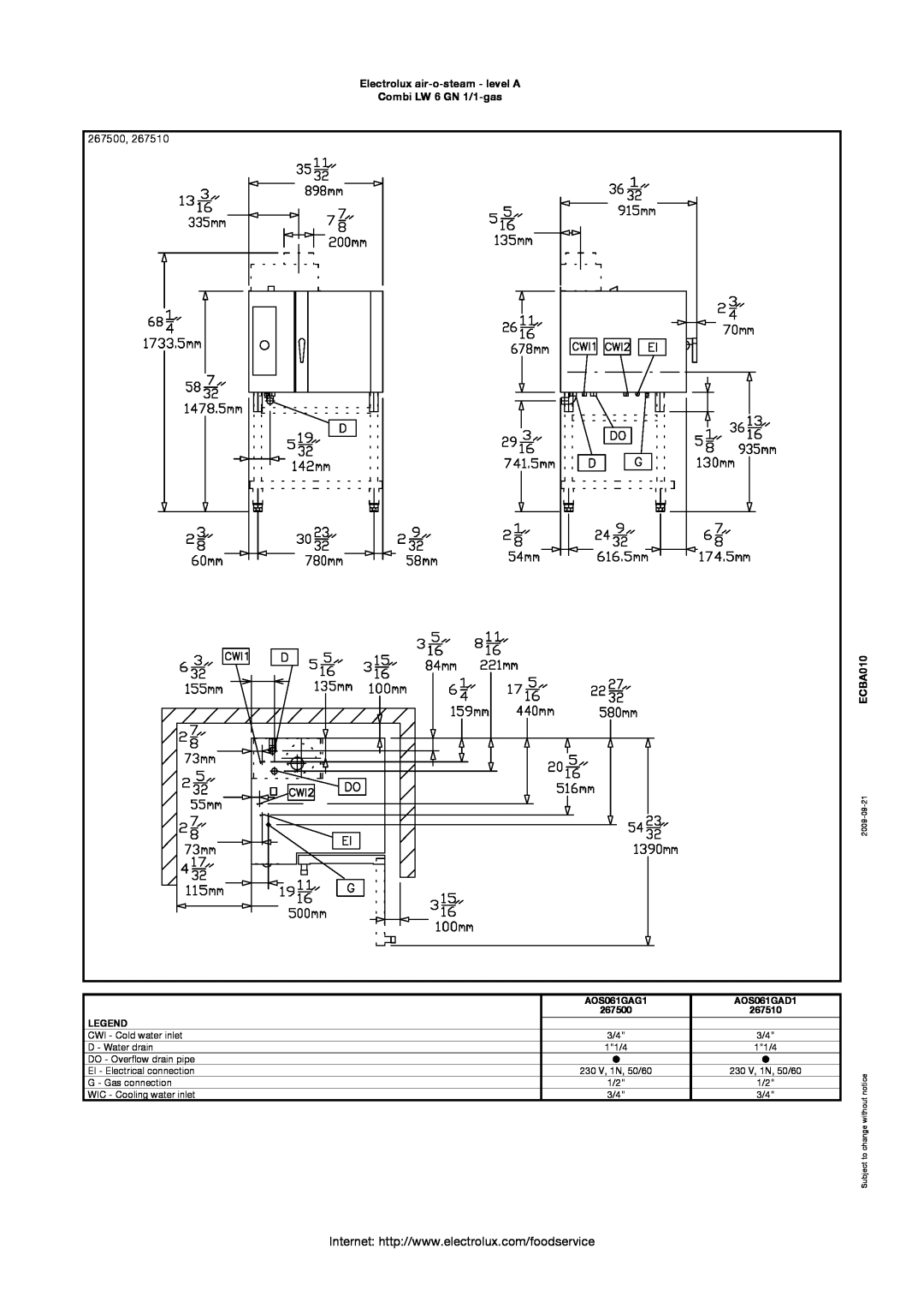 Electrolux AOS061GAD1 manual 267500, Electrolux air-o-steam - level A Combi LW 6 GN 1/1-gas, ECBA010, AOS061GAG1, 267510 