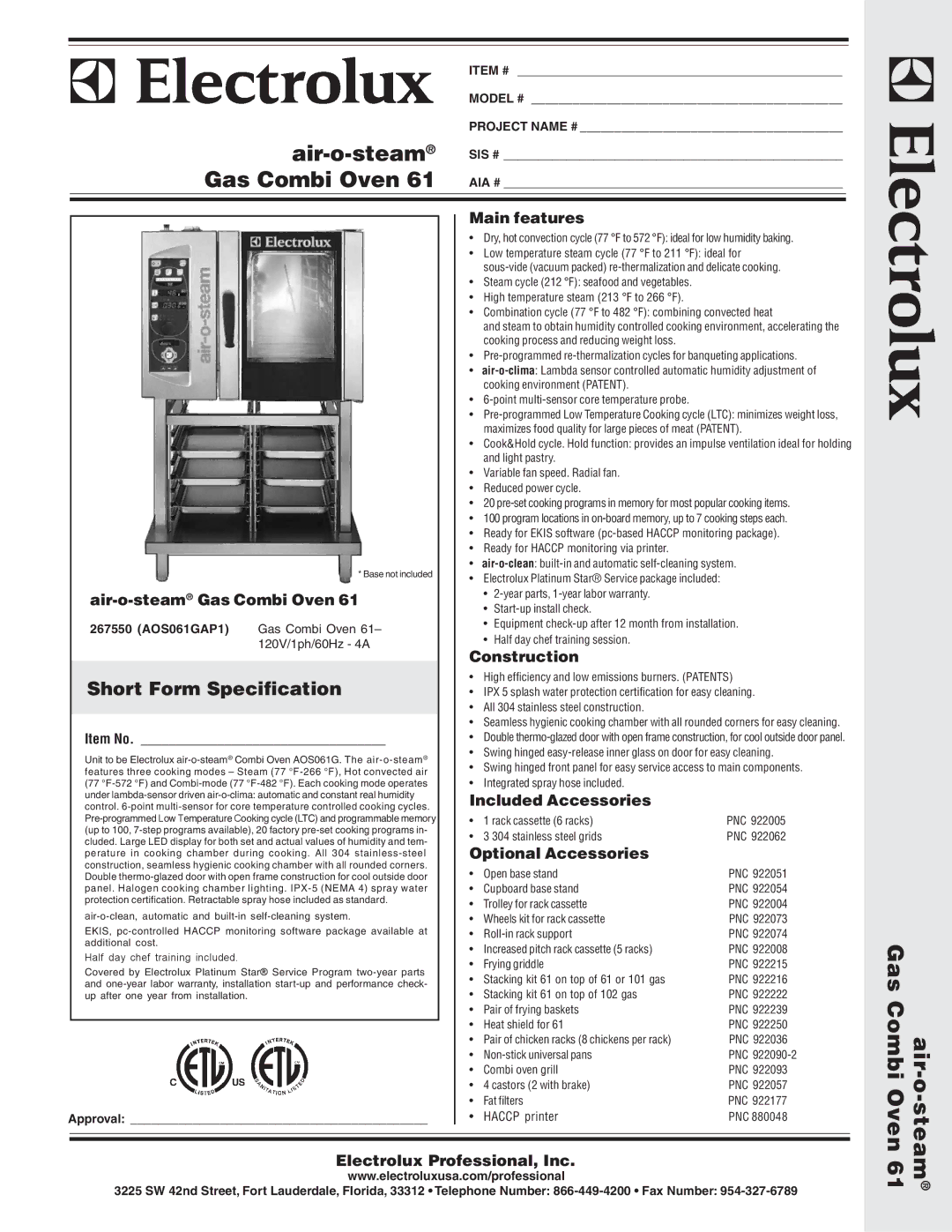 Electrolux AOS061GAP1 warranty Short Form Specification 