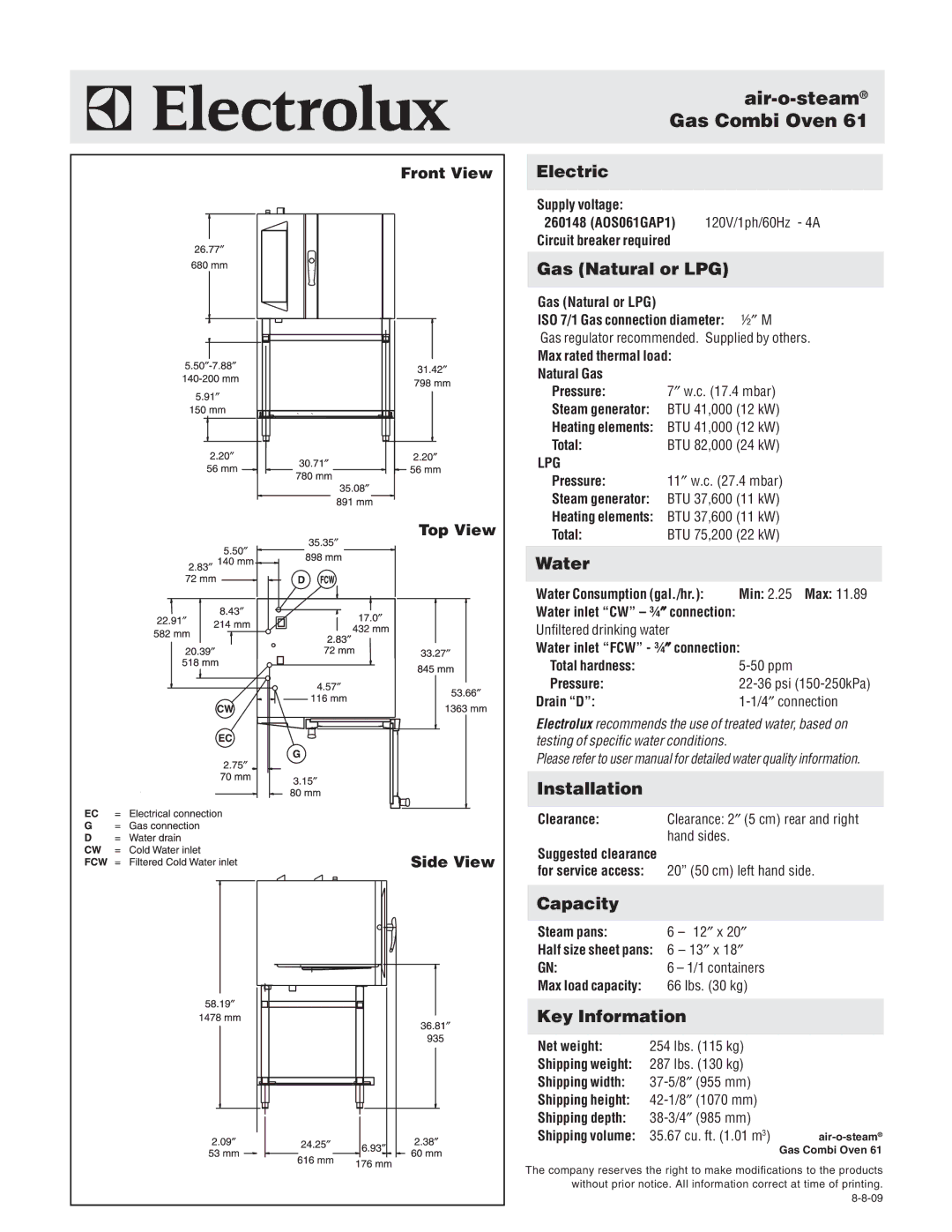 Electrolux AOS061GAP1 warranty Air-o-steamGas Combi Oven 