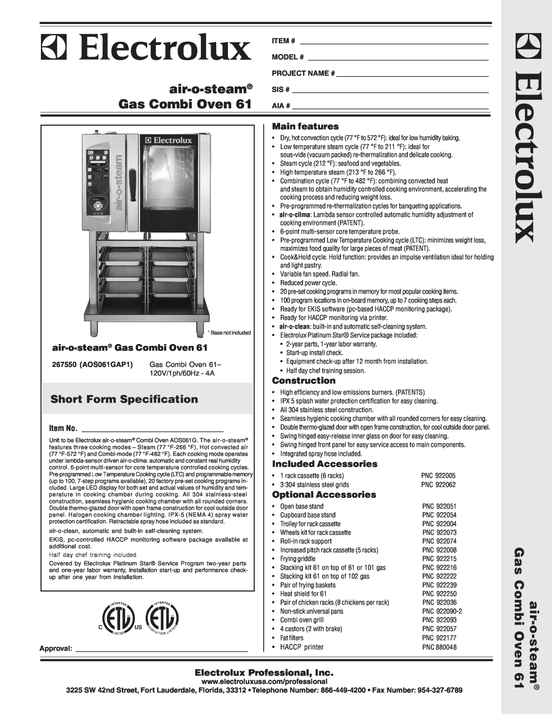 Electrolux AOS061GAP1 warranty Short Form Specification, air-o-steam Gas Combi Oven, Main features, Construction, Item # 