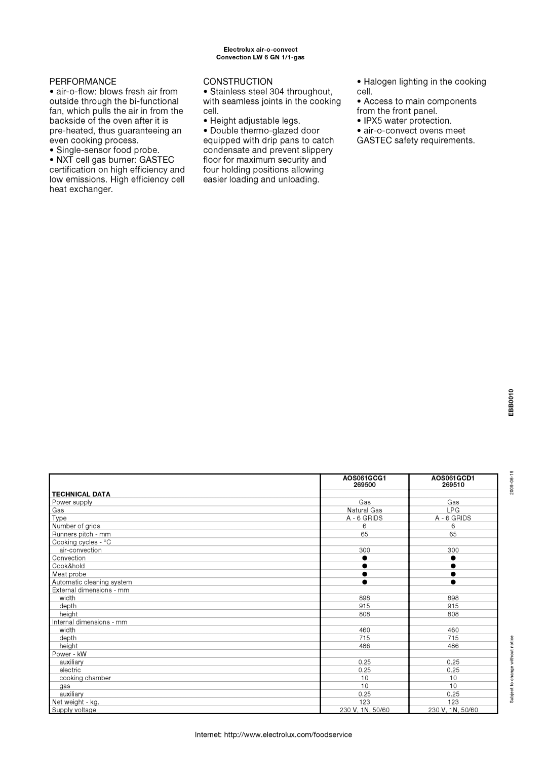 Electrolux 269510, AOS061GCD1, AOS061GCG1, 269500 manual Performance, Construction, Technical Data 