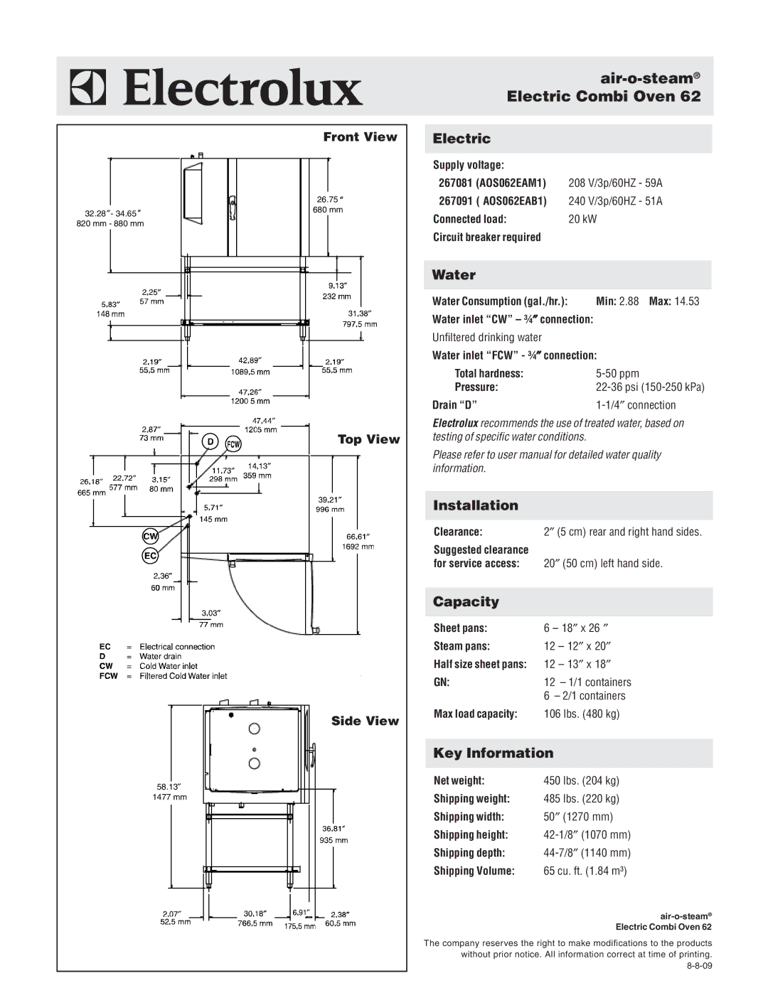 Electrolux AOS062EAM1, AOS062EAB1 warranty Electric, Water, Installation, Capacity, Key Information 