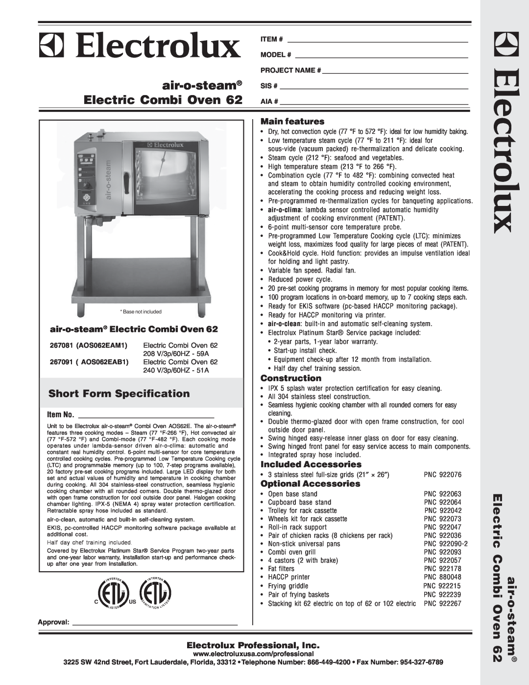Electrolux AOS062EAB1 warranty Short Form Specification, air-o-steam Electric Combi Oven, Main features, Construction 