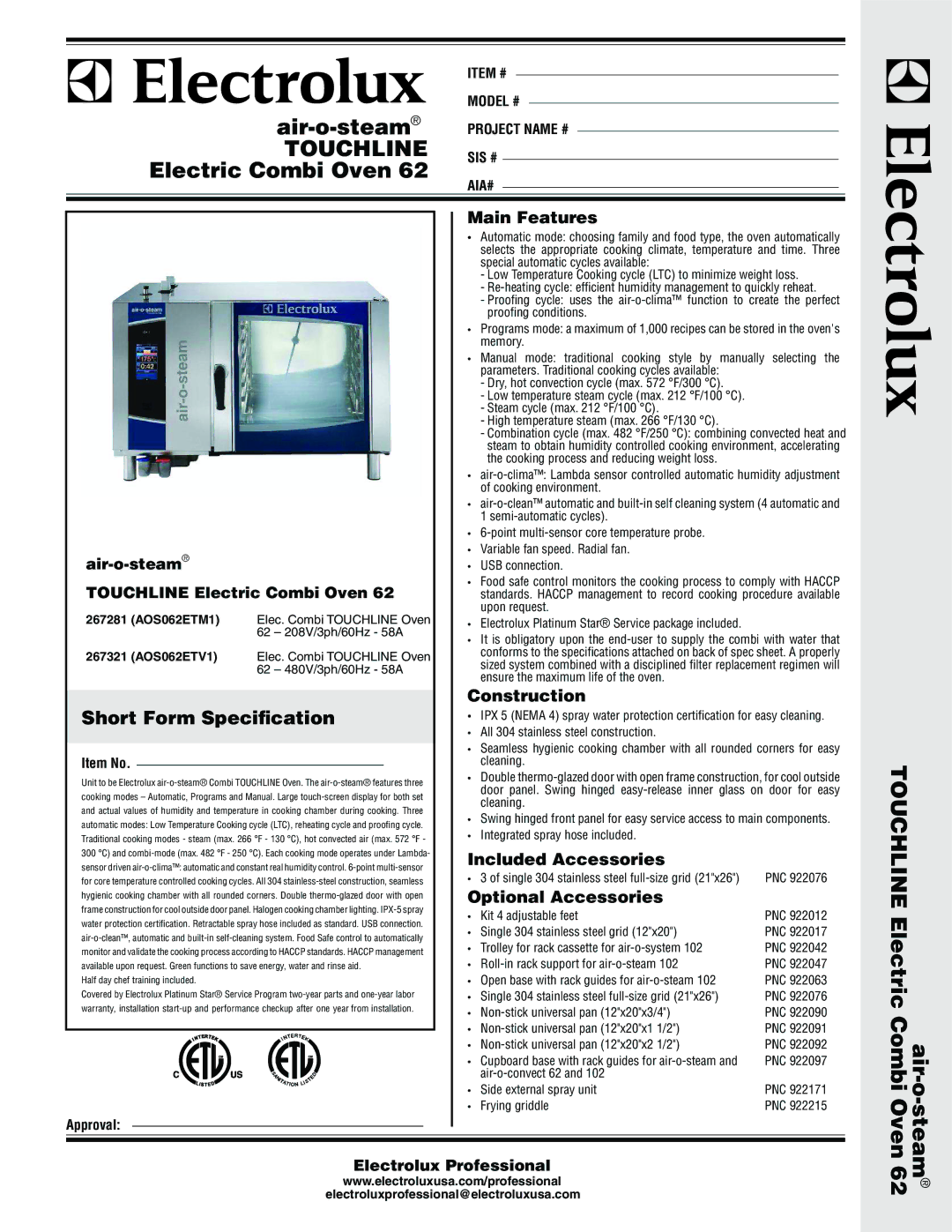 Electrolux AOS062ETM1, AOS062ETV1 warranty Main Features, Construction, Included Accessories, Optional Accessories 