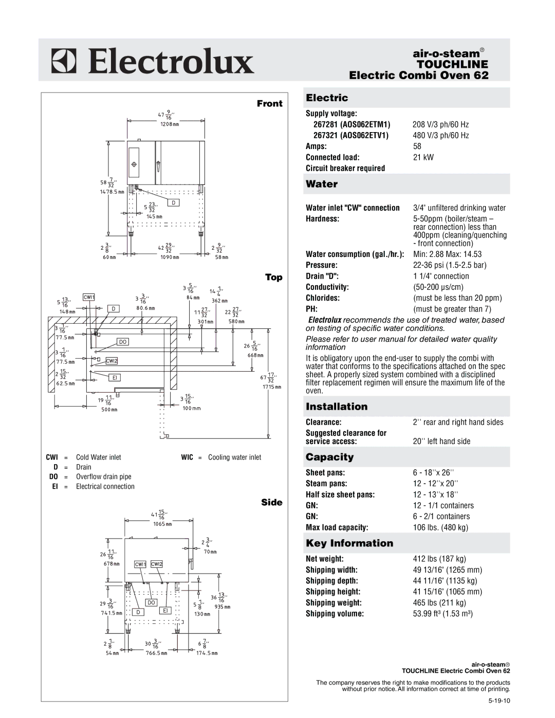 Electrolux AOS062ETV1, AOS062ETM1 warranty Electric, Water, Installation, Capacity, Key Information 