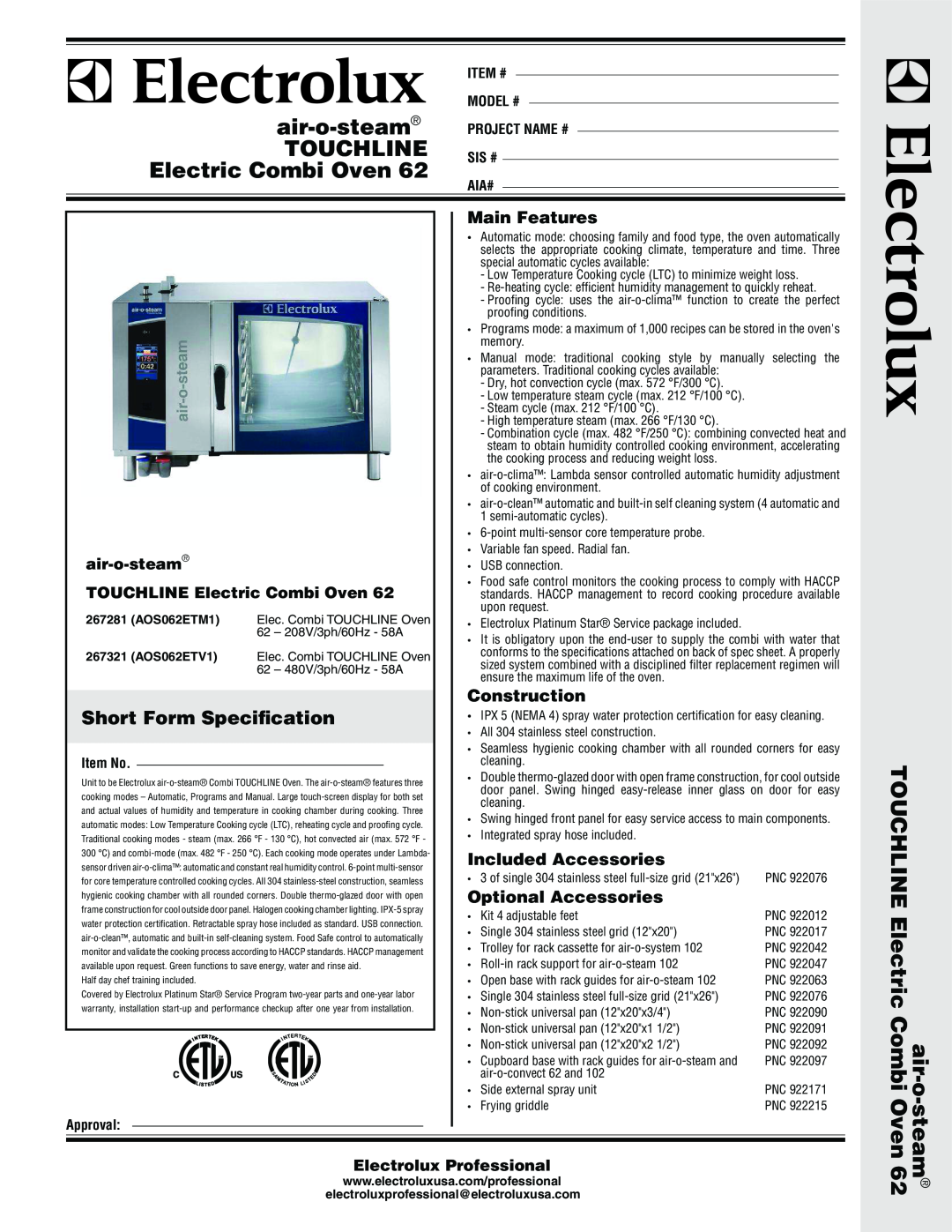 Electrolux AOS062ETM1, AOS062ETV1 warranty Short Form Speciﬁcation, air-o-steam, TOUCHLINE Electric Combi Oven, Touchline 