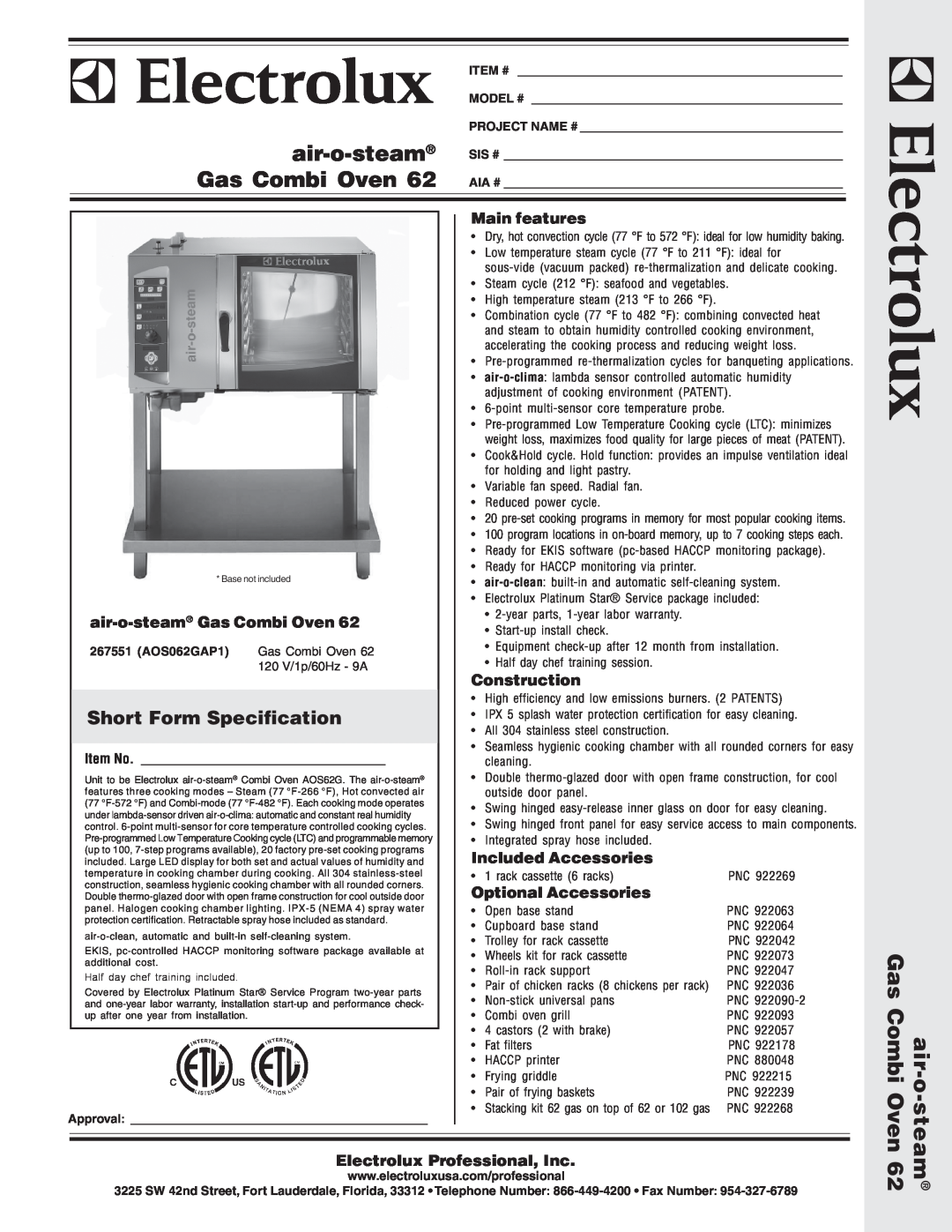 Electrolux AOS062GAP1 warranty Short Form Specification, air-o-steam Gas Combi Oven, Main features, Construction, Item # 
