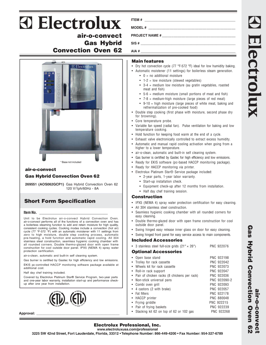 Electrolux AOS062GCP1 warranty Short Form Specification, Convect 