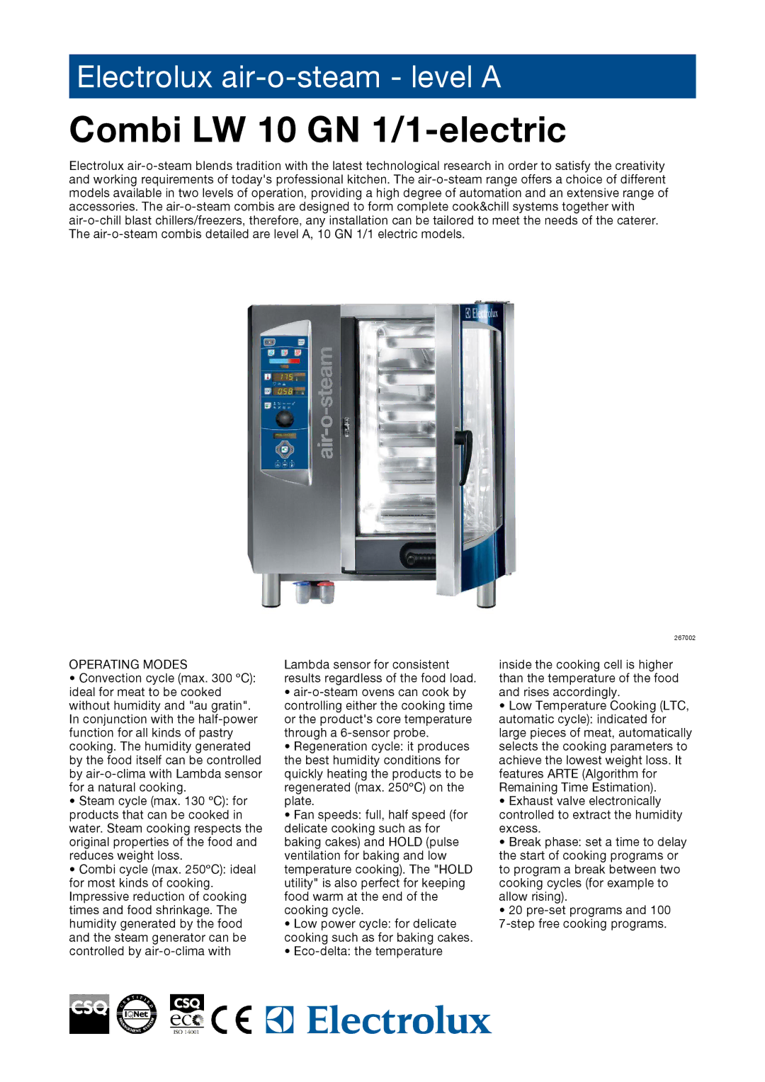 Electrolux AOS101EAH1, AOS101EAA1, AOS101EAN1, 267012, 267022, 267002 manual Combi LW 10 GN 1/1-electric, Operating Modes 