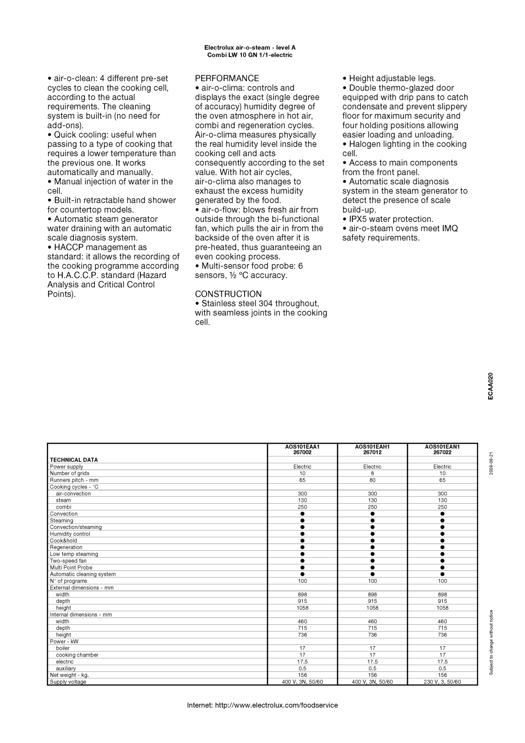 Electrolux AOS101EAN1, AOS101EAA1, AOS101EAH1, 267012, 267022, 267002 manual Performance, Construction 