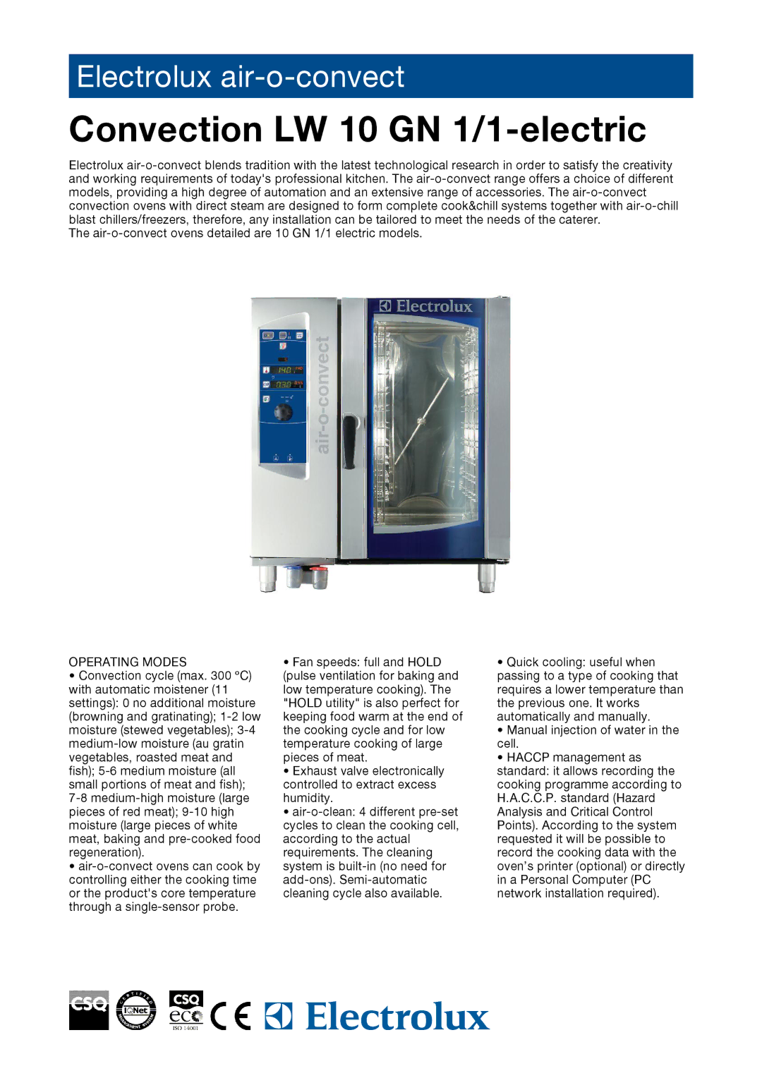 Electrolux AOS101ECH1, AOS101ECA1, AOS101ECN1, 269022, 269012, 269002 manual Convection LW 10 GN 1/1-electric, Operating Modes 